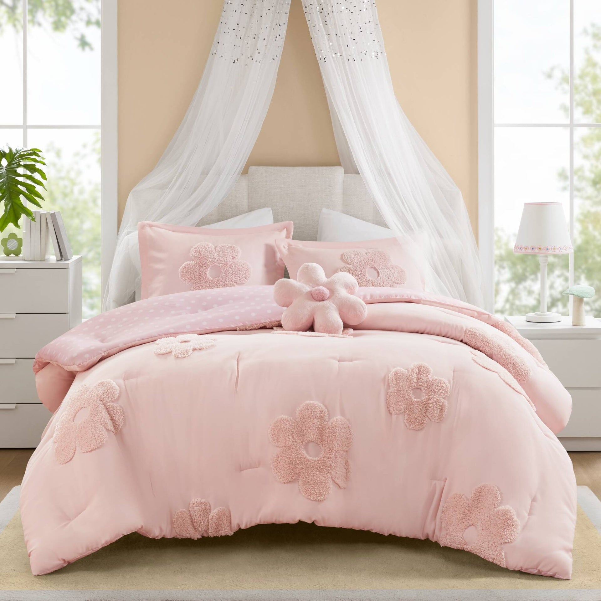 4-Piece Full/Queen Floral Reversible Tufted Chenille Comforter Set with Flower Throw Pillow,Pink