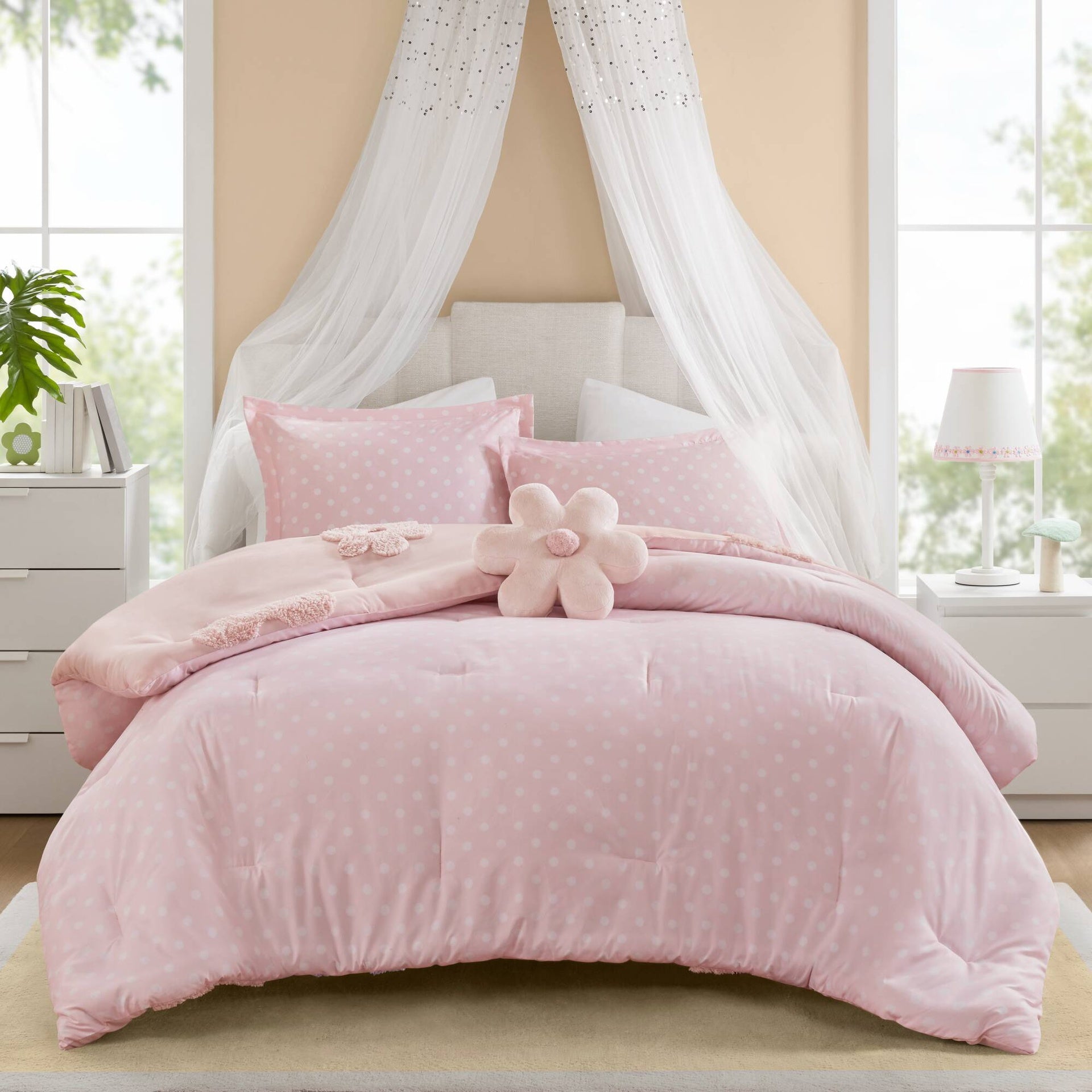 4-Piece Full/Queen Floral Reversible Tufted Chenille Comforter Set with Flower Throw Pillow,Pink