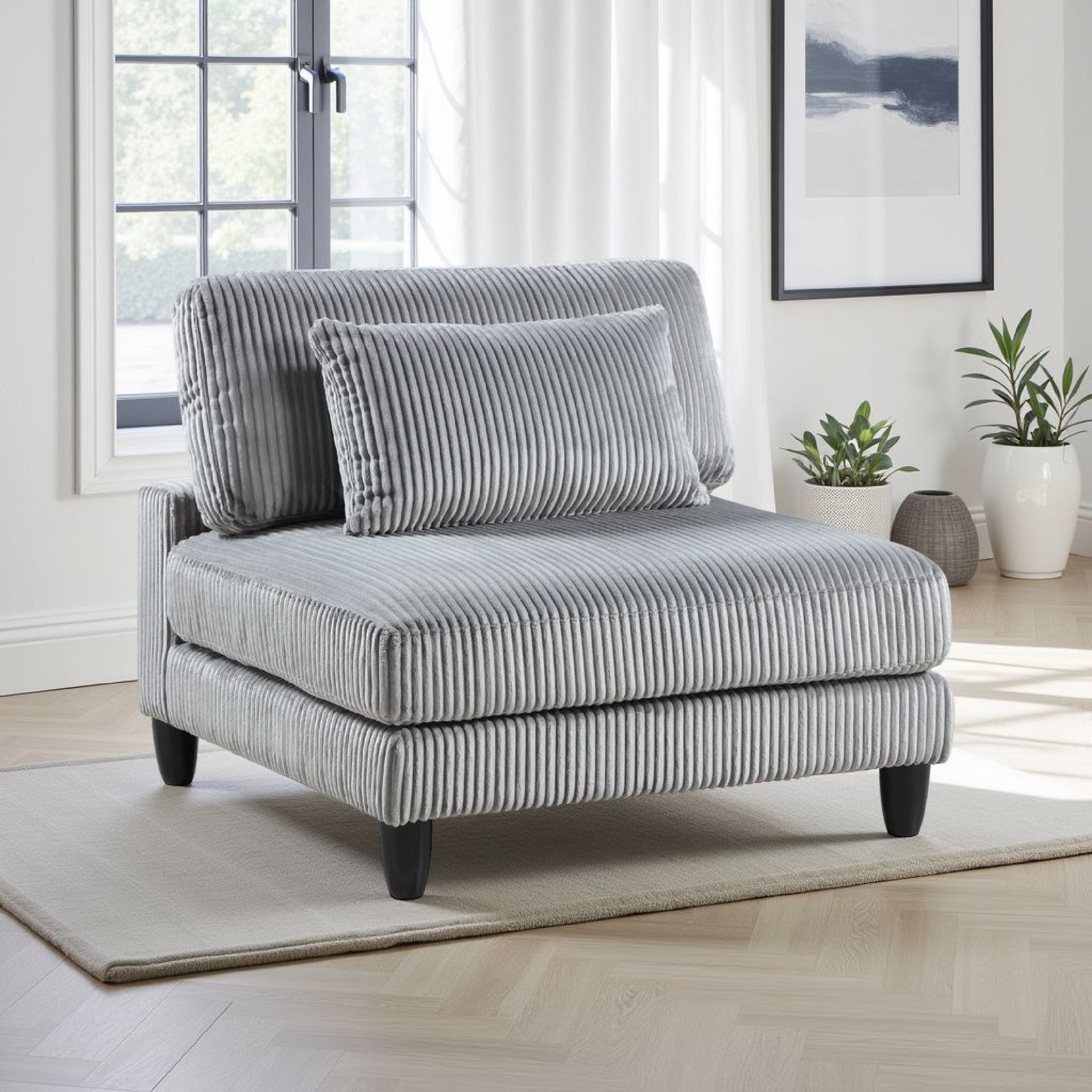 Mear Modular Armless Chair w Black Solid Wood Legs, Gray Corduroy