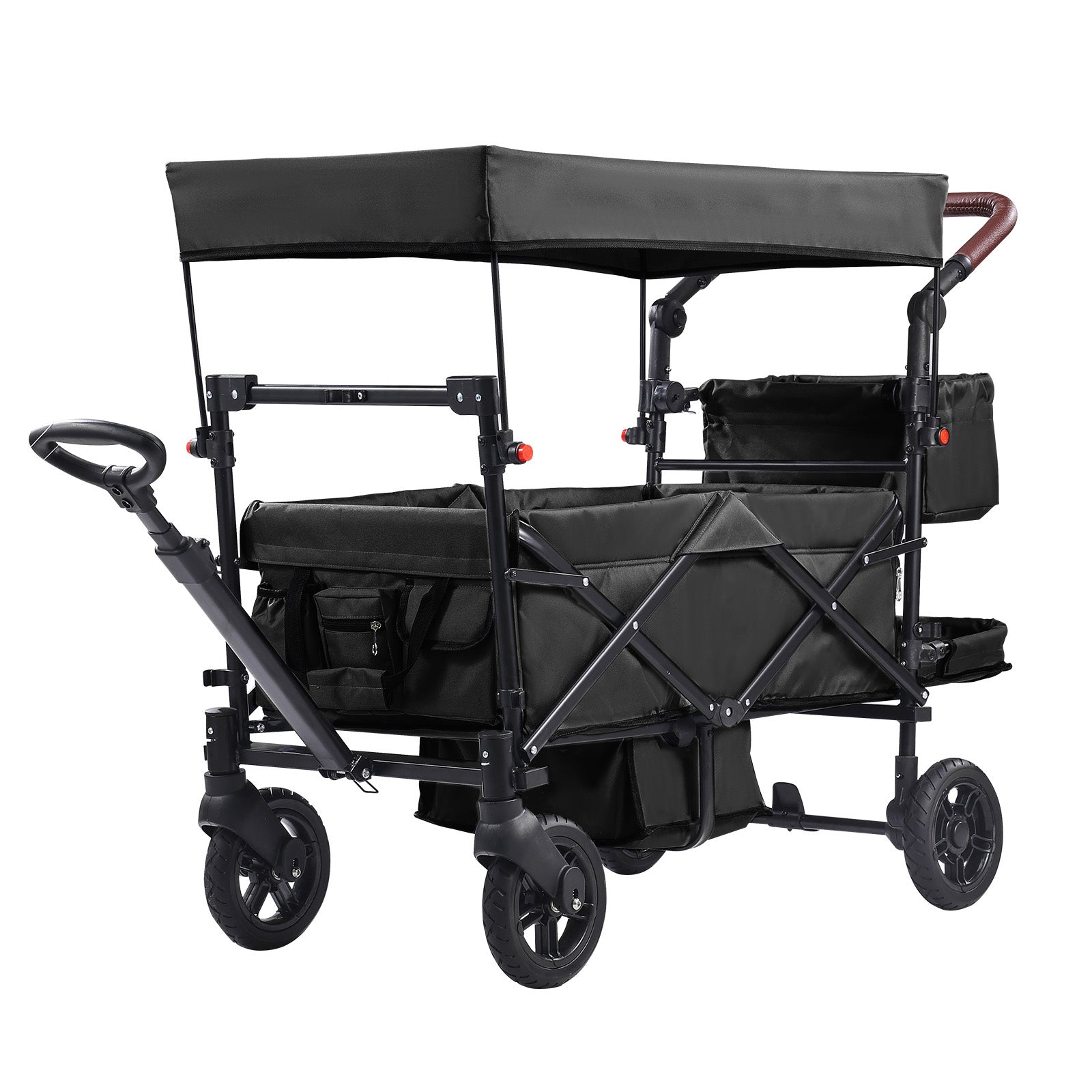 Wagon Stroller for 2 Kids, Push Pull Quad Collapsible Stroller with Adjustable Handle, Encircling Harness Removable Canopy, 4 Wheels with Brakes, Mutifunction Tandem Stroller for Camping Black