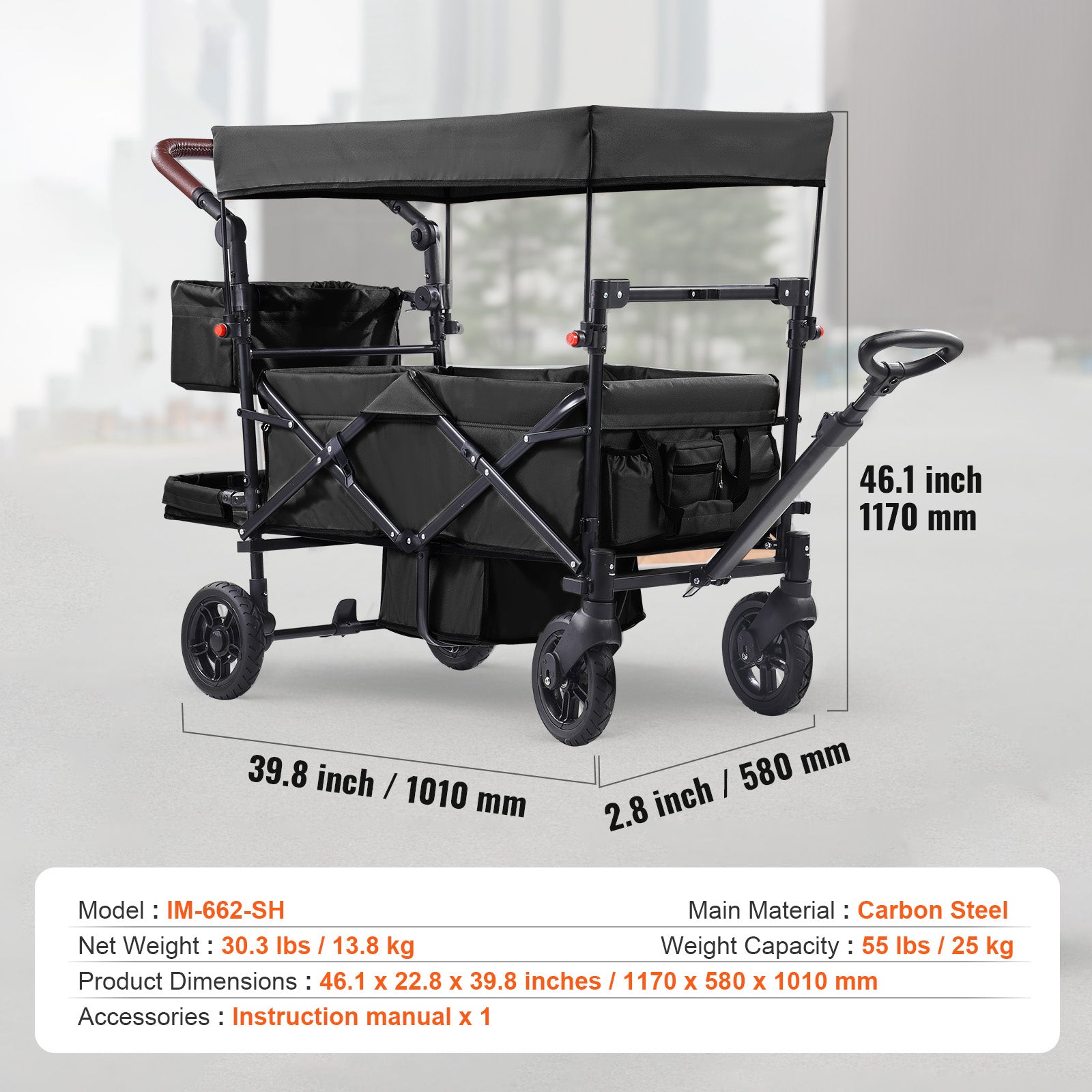 Wagon Stroller for 2 Kids, Push Pull Quad Collapsible Stroller with Adjustable Handle, Encircling Harness Removable Canopy, 4 Wheels with Brakes, Mutifunction Tandem Stroller for Camping Black