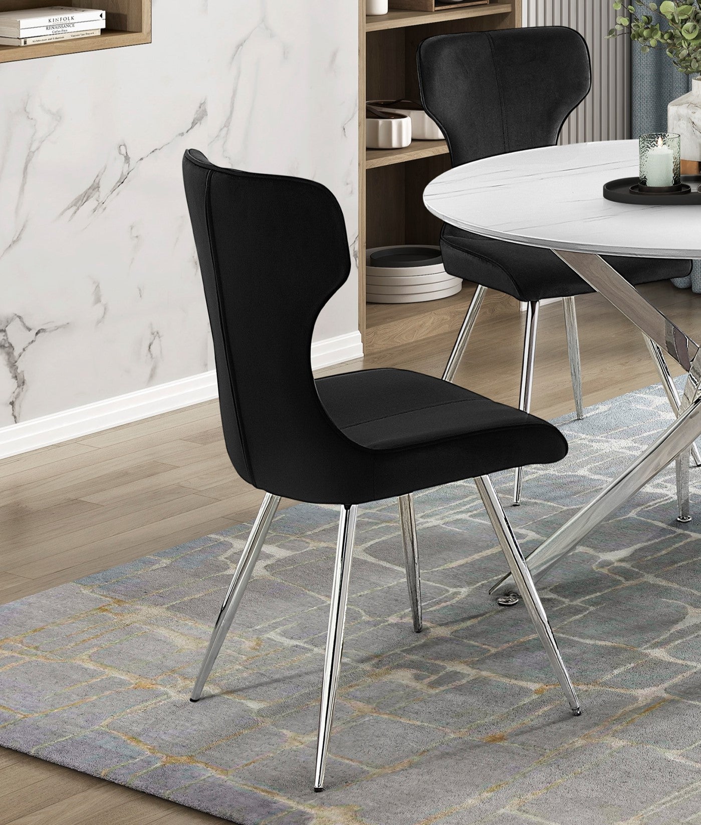 Ultra Modern Dining Furniture Set of 2 Side Chairs Black Velvet Upholstery Chrome Finish Metal Legs