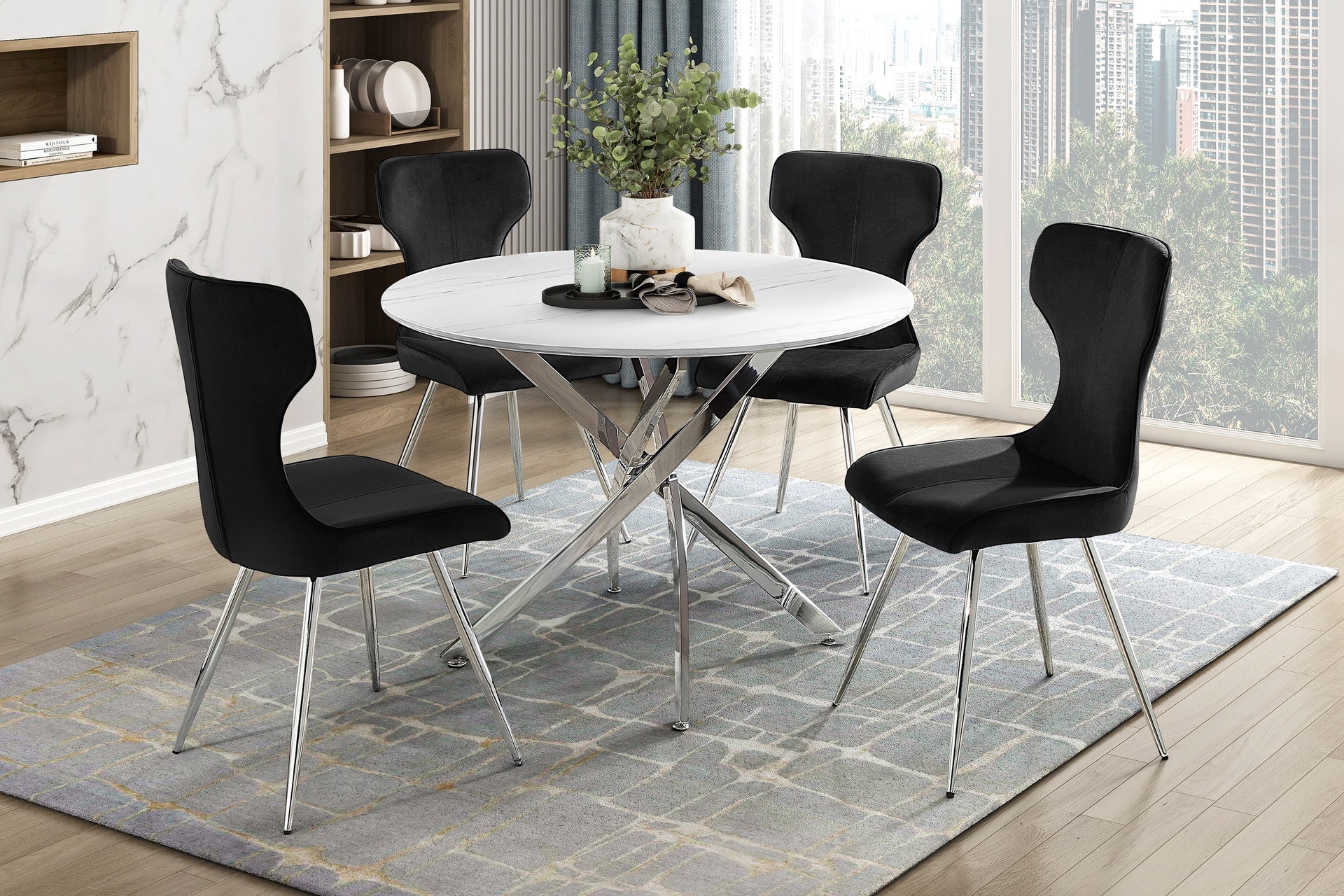 Ultra Modern Dining Furniture Set of 2 Side Chairs Black Velvet Upholstery Chrome Finish Metal Legs