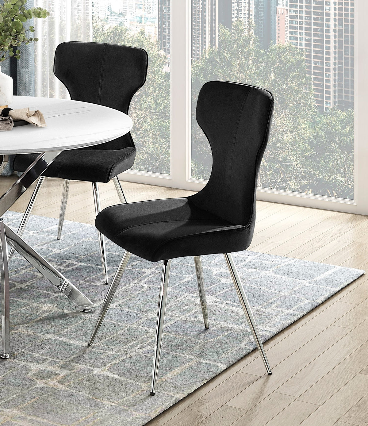 Ultra Modern Dining Furniture Set of 2 Side Chairs Black Velvet Upholstery Chrome Finish Metal Legs