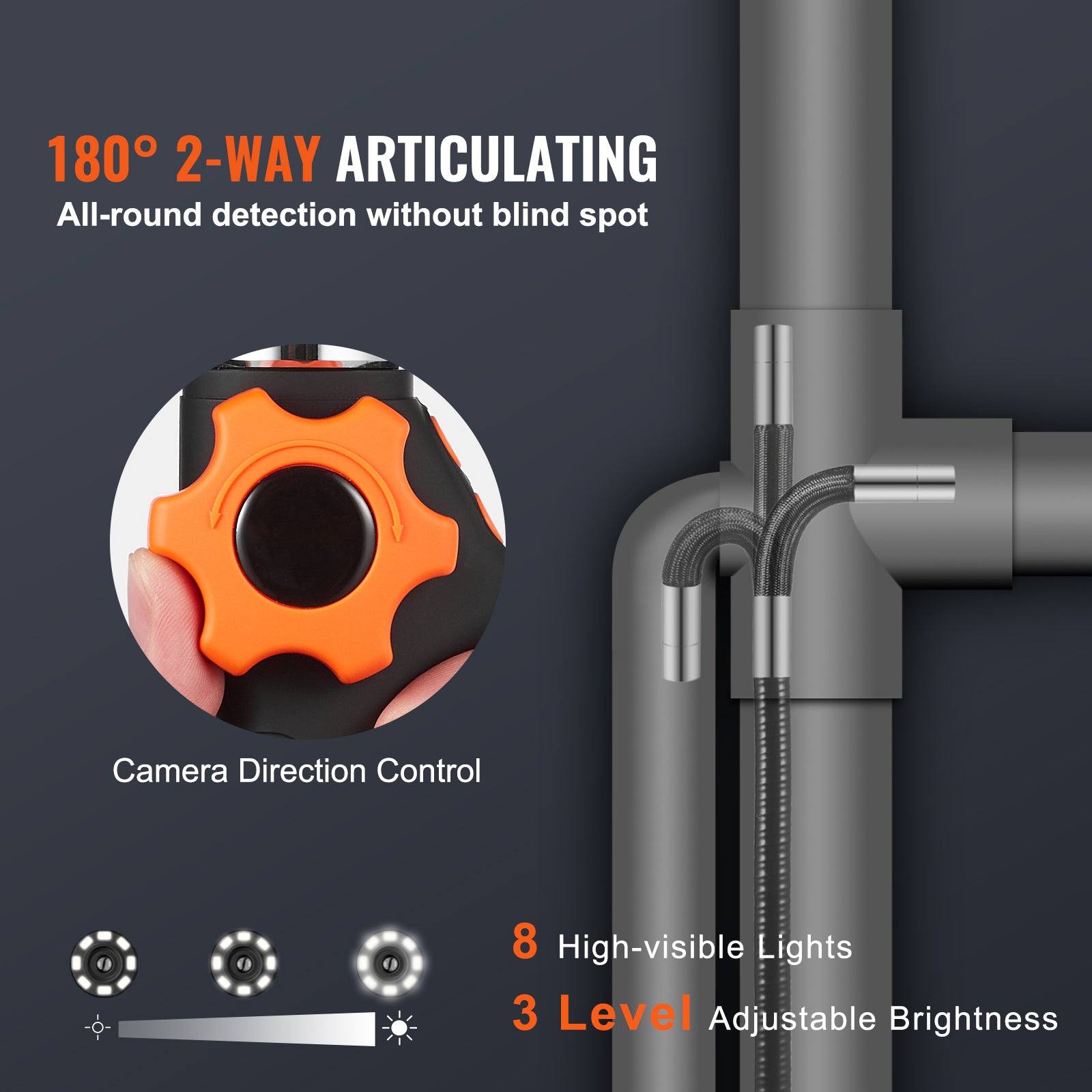 Borescope Endoscope Two-Way 180° Articulating 5" IPS 8X Zoom 6.4mm Lens