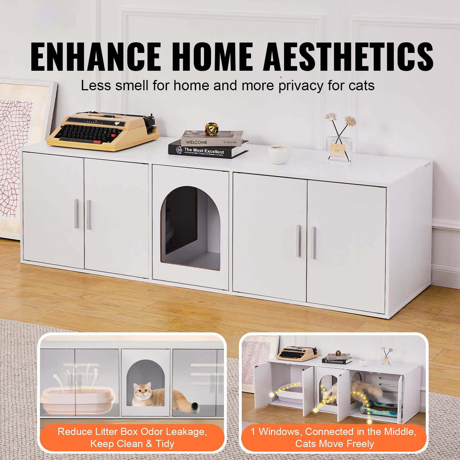 Cat Litter Box Enclosure Wooden Litter Box Furniture Hidden 57.9" White