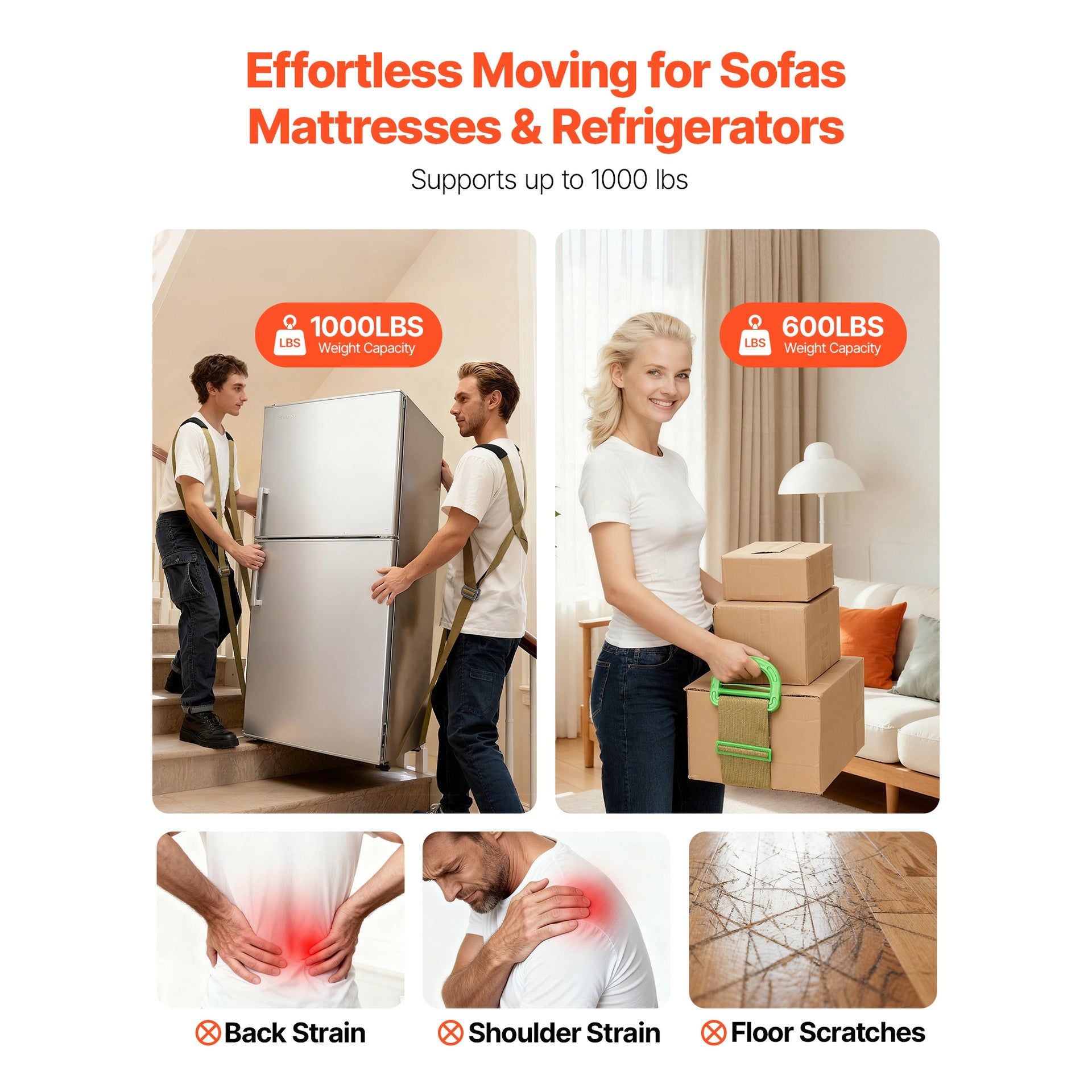 Moving Straps, 2-Person Lifting and Moving System with 2 Harness Straps, 2 Load-bearing Straps & 1 Handheld Strap, Adjustable Lifting Shoulder Straps Move Furniture Appliances Mattresses