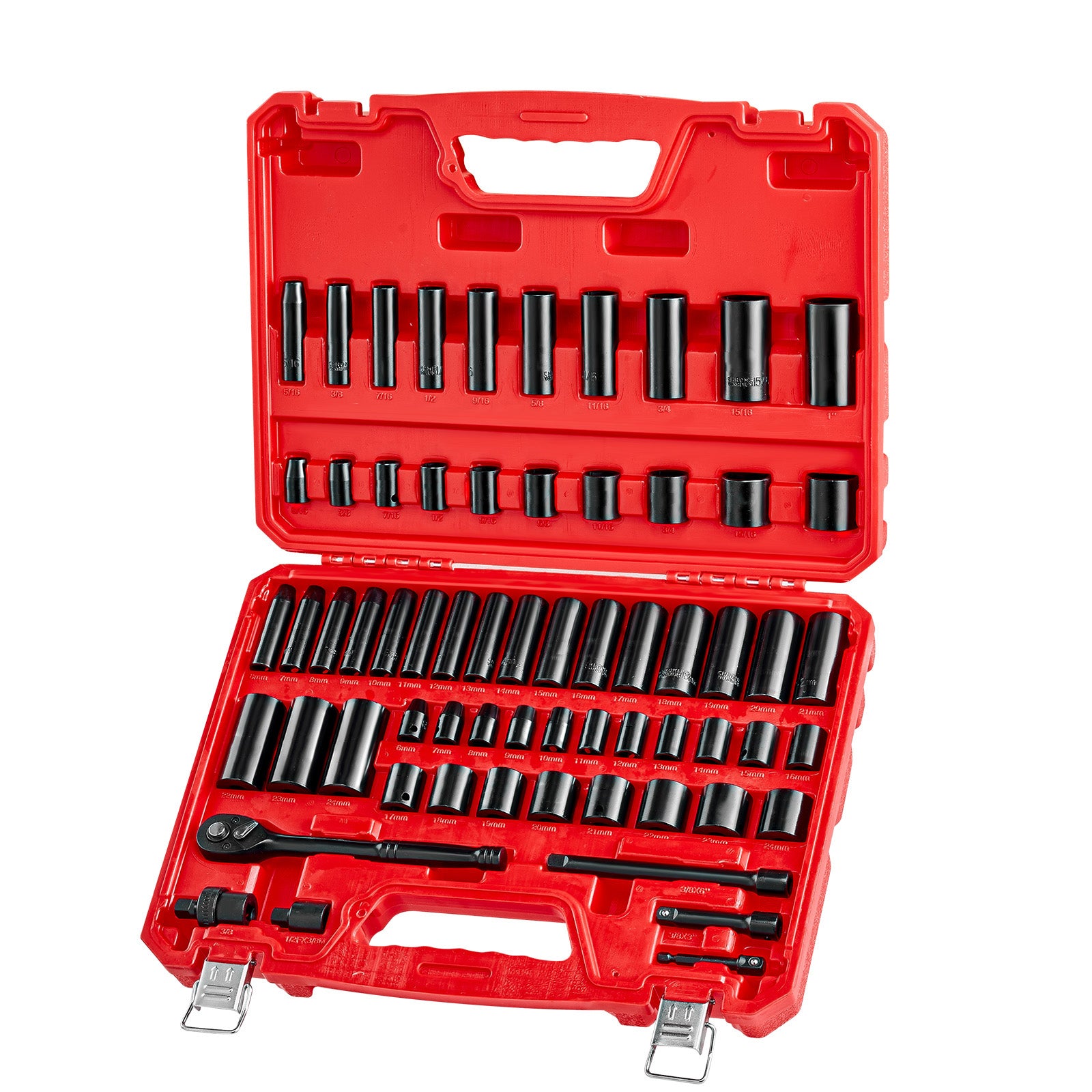 3/8 in Drive Impact Socket Set, 64 Piece, 6 Point Deep & Shallow Impact Sockets, SAE (5/16 in to 1 in) and Metric (6 to 24 mm) Sizes with 3 in & 6 in Extension Bars, Cr-V Steel, Carrying Case