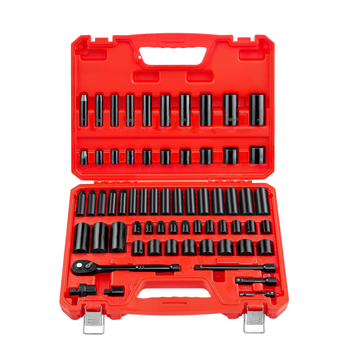 3/8 in Drive Impact Socket Set, 64 Piece, 6 Point Deep & Shallow Impact Sockets, SAE (5/16 in to 1 in) and Metric (6 to 24 mm) Sizes with 3 in & 6 in Extension Bars, Cr-V Steel, Carrying Case