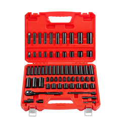 3/8 in Drive Impact Socket Set, 64 Piece, 6 Point Deep & Shallow Impact Sockets, SAE (5/16 in to 1 in) and Metric (6 to 24 mm) Sizes with 3 in & 6 in Extension Bars, Cr-V Steel, Carrying Case
