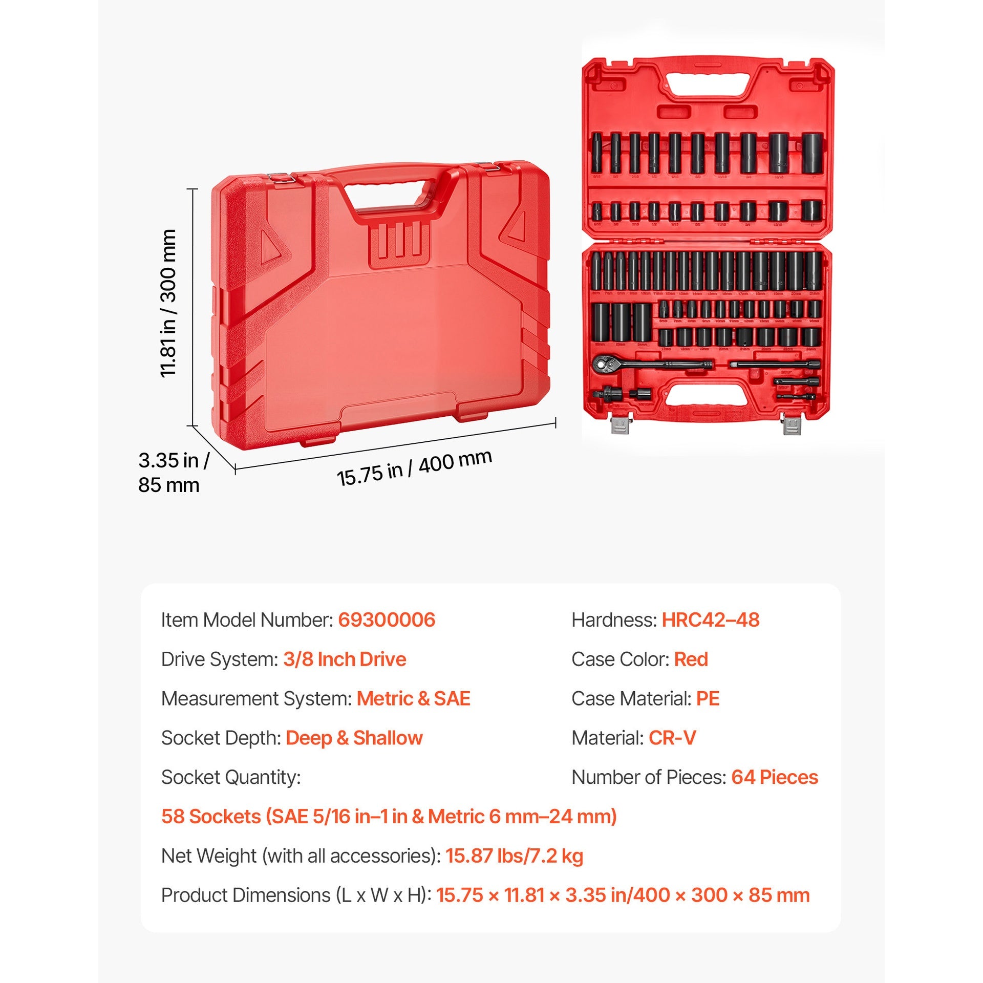 3/8 in Drive Impact Socket Set, 64 Piece, 6 Point Deep & Shallow Impact Sockets, SAE (5/16 in to 1 in) and Metric (6 to 24 mm) Sizes with 3 in & 6 in Extension Bars, Cr-V Steel, Carrying Case