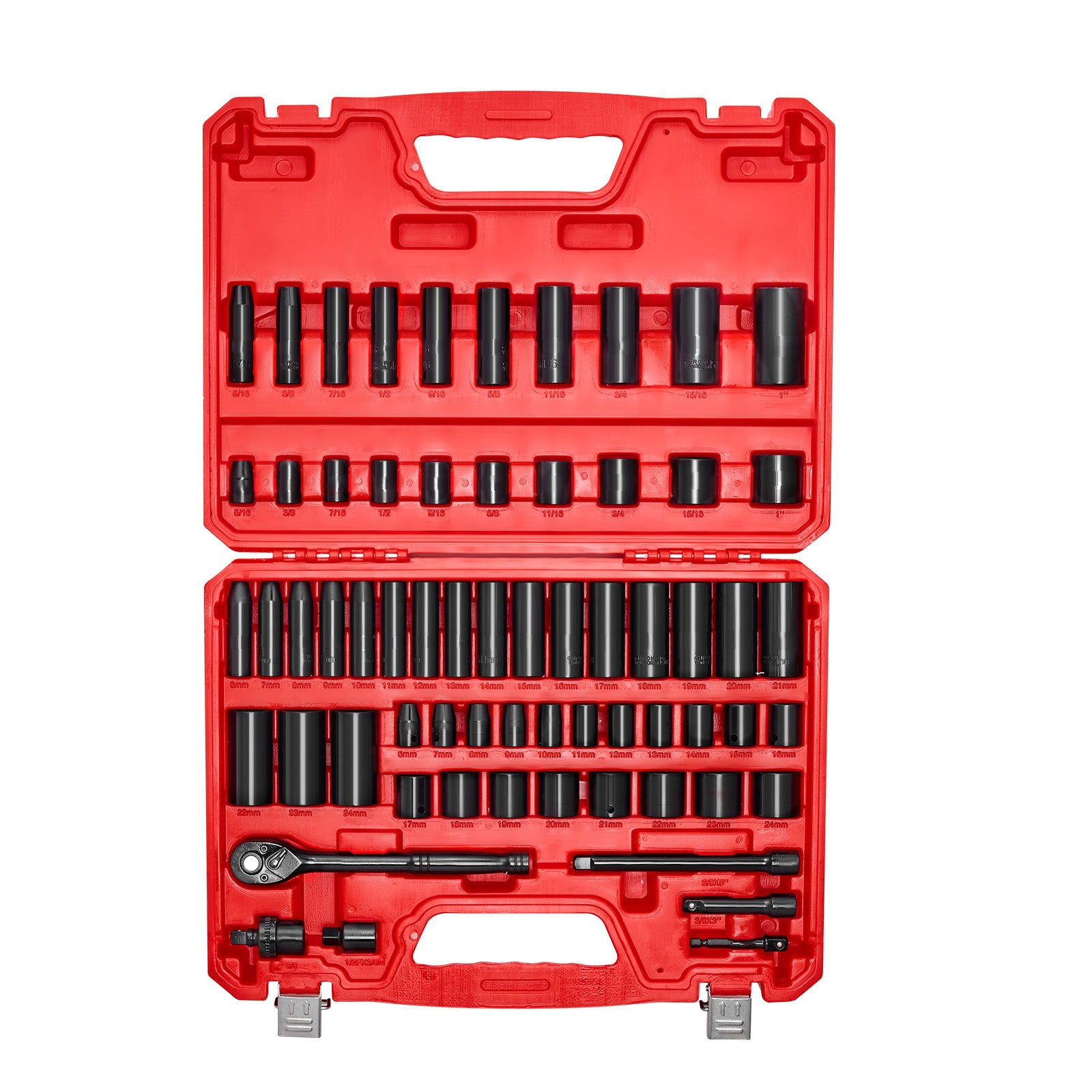 3/8 in Drive Impact Socket Set, 64 Piece, 6 Point Deep & Shallow Impact Sockets, SAE (5/16 in to 1 in) and Metric (6 to 24 mm) Sizes with 3 in & 6 in Extension Bars, Cr-V Steel, Carrying Case