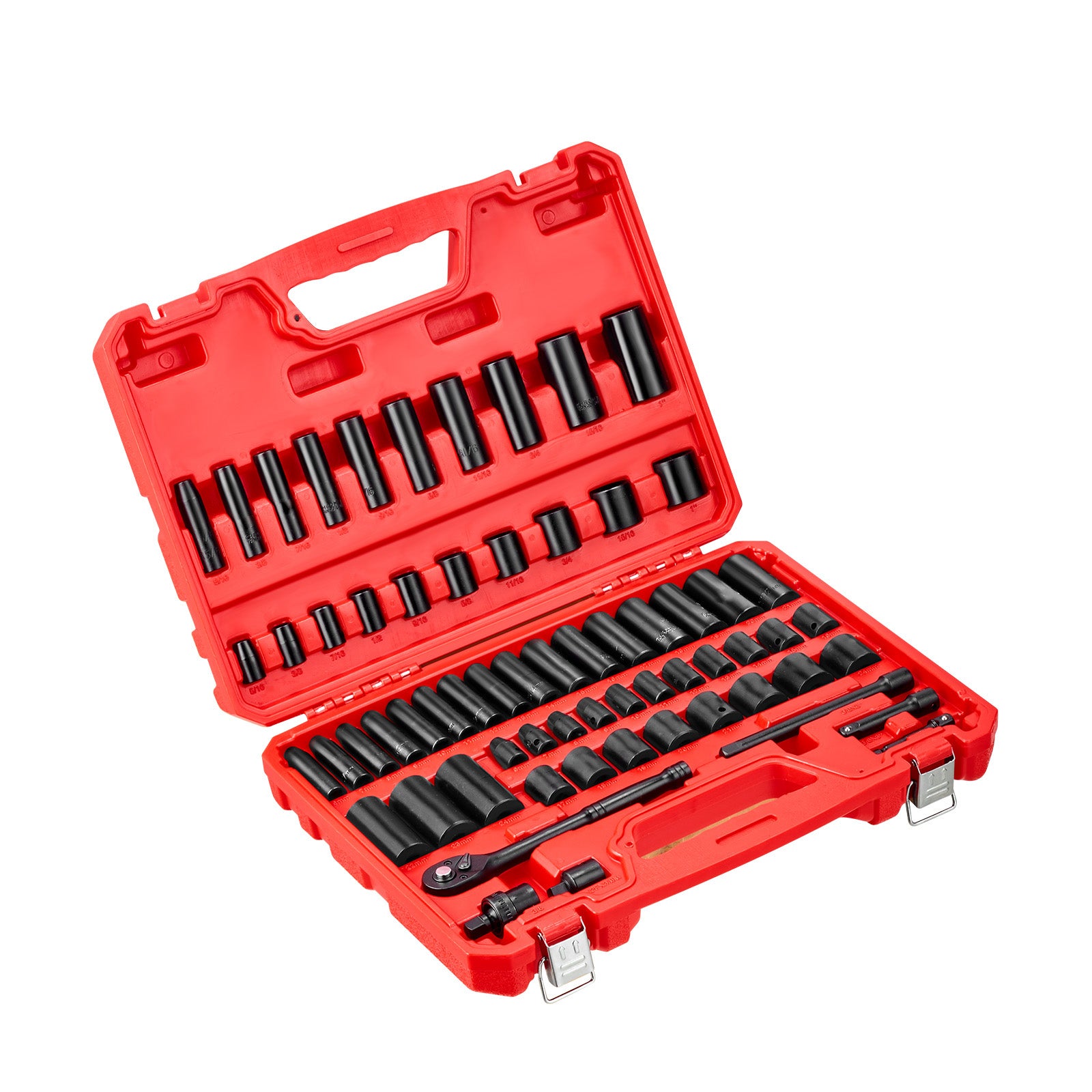 3/8 in Drive Impact Socket Set, 64 Piece, 6 Point Deep & Shallow Impact Sockets, SAE (5/16 in to 1 in) and Metric (6 to 24 mm) Sizes with 3 in & 6 in Extension Bars, Cr-V Steel, Carrying Case