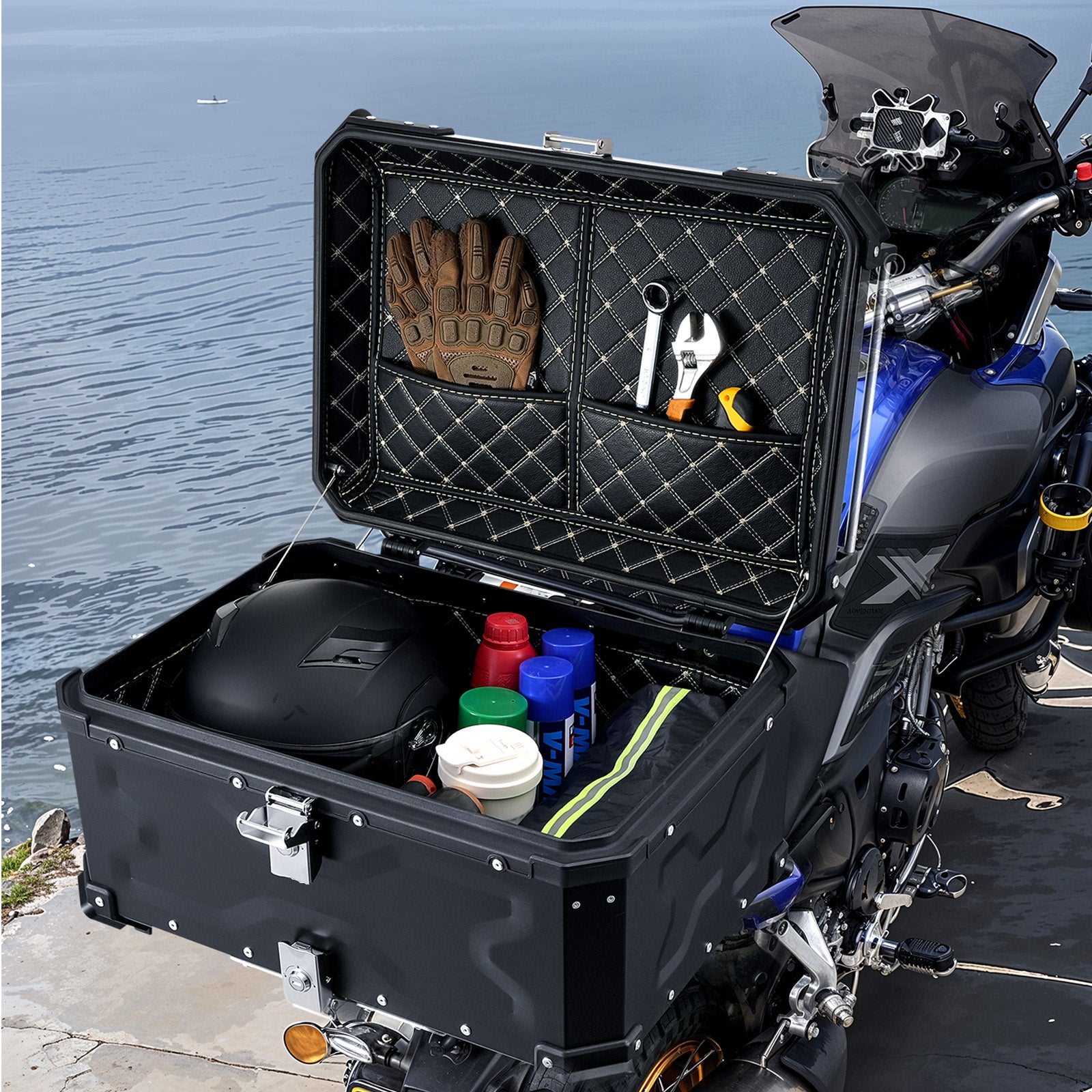 55L Motorcycle Top Case Universal Motorbike Tail Box with Leather Lining