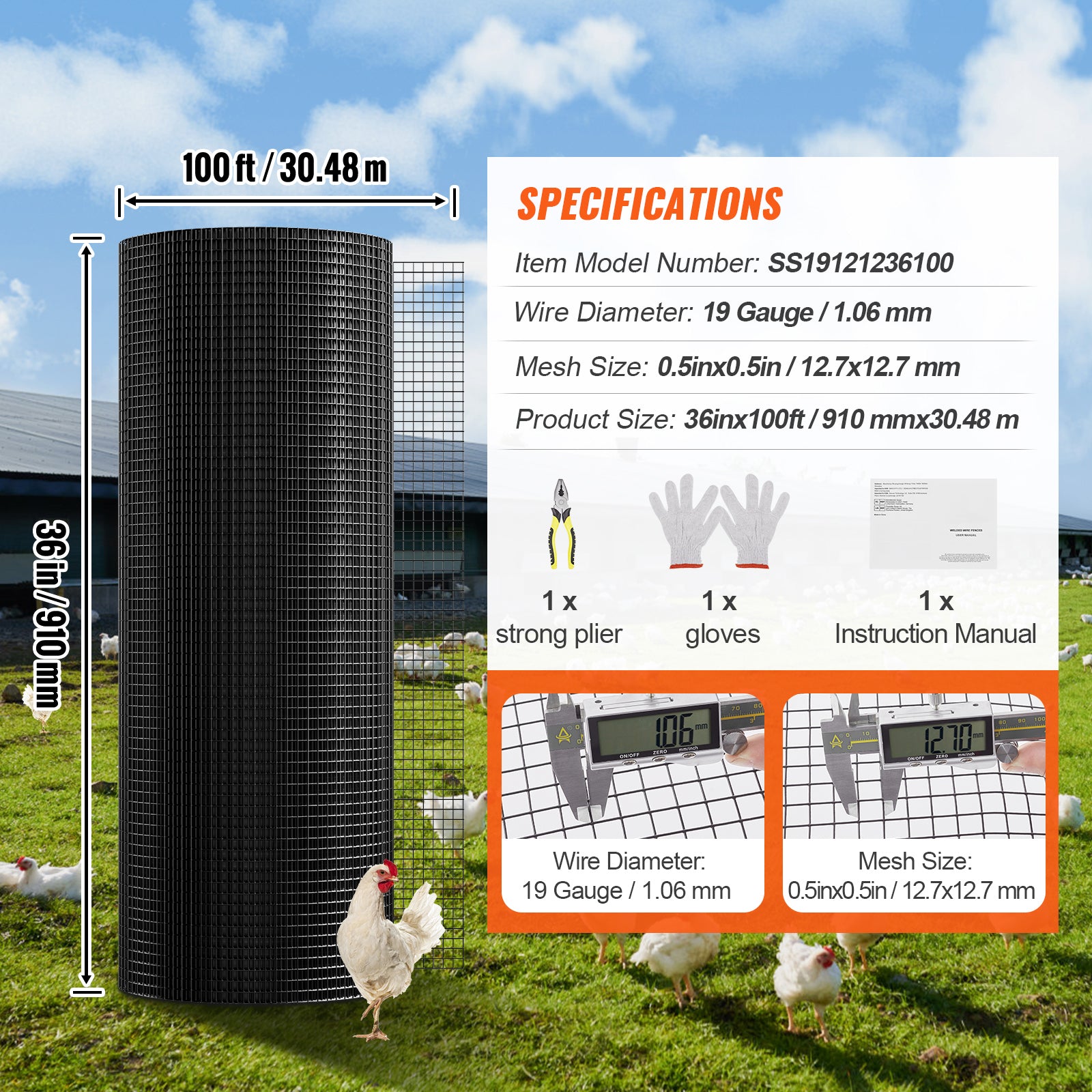 Hardware Cloth, 36'' x 100' Galvanized Wire Mesh Roll, 19 Gauge Chicken Wire Fence Roll, Vinyl Coating Metal Wire Mesh for Chicken Coop Barrier, Rabbit Snake Fences, Poultry Enclosures