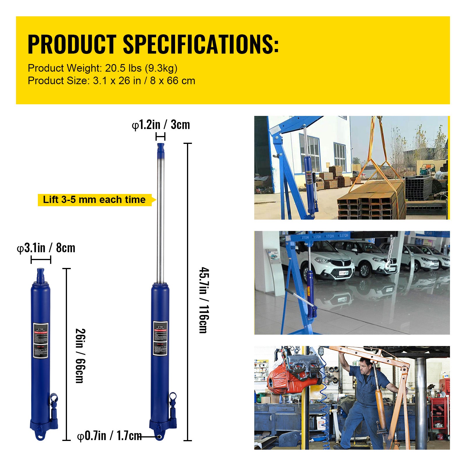 Hydraulic Long Ram Jack, 8 Tons/17363 lbs Capacity, with Single Piston Pump and Clevis Base, Manual Cherry Picker w/Handle, for Garage/Shop Cranes, Engine Lift Hoist, Blue