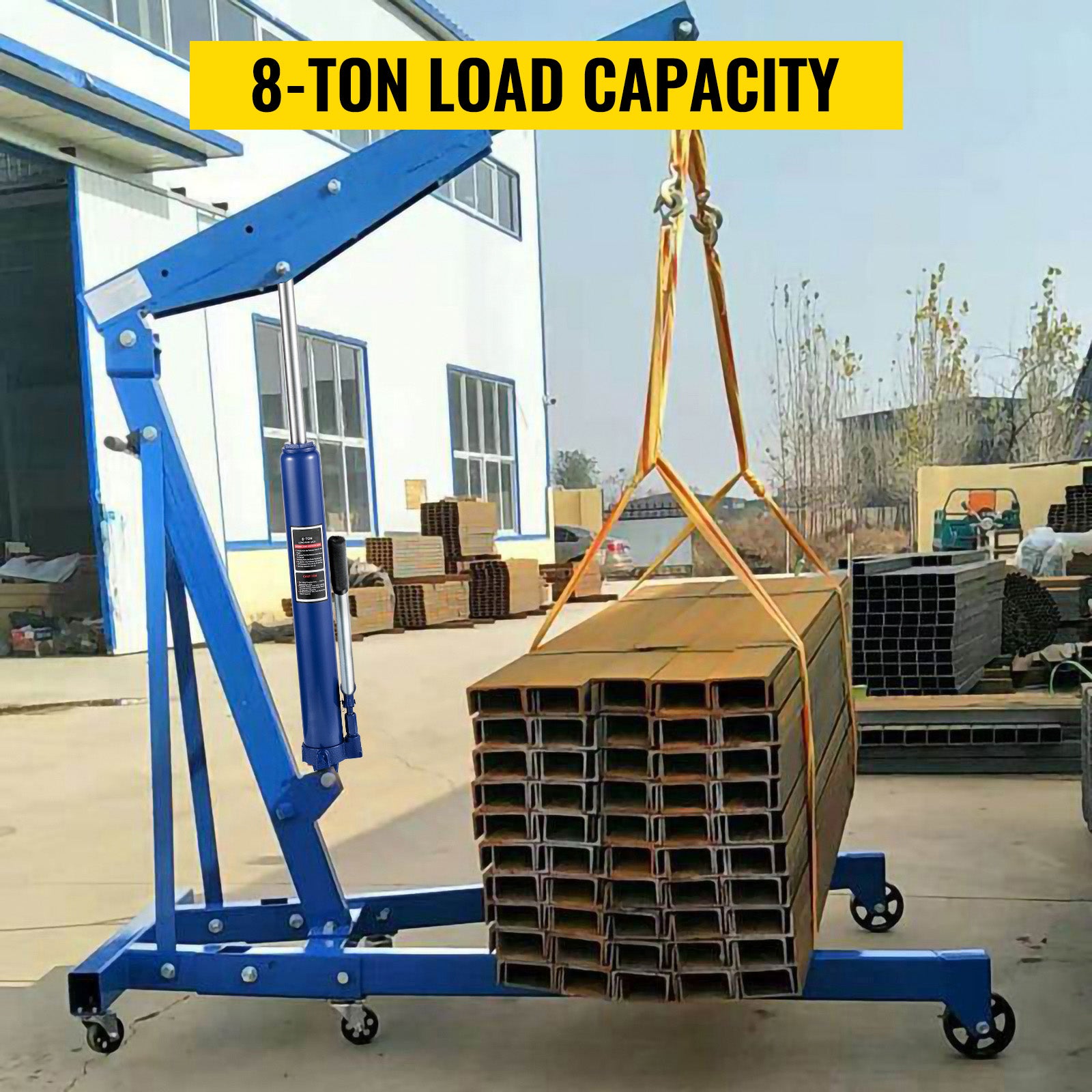 Hydraulic Long Ram Jack, 8 Tons/17363 lbs Capacity, with Single Piston Pump and Clevis Base, Manual Cherry Picker w/Handle, for Garage/Shop Cranes, Engine Lift Hoist, Blue