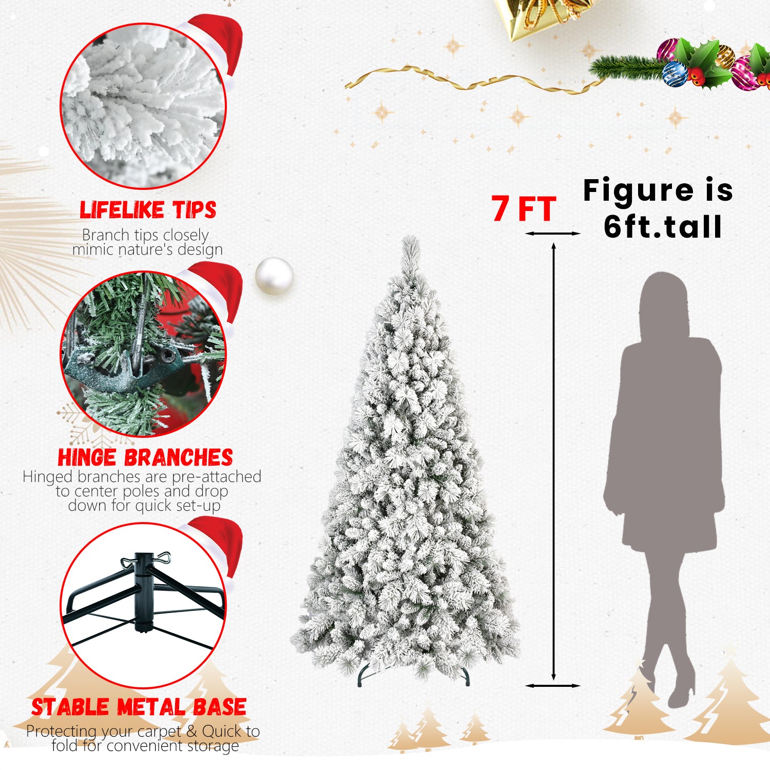 7FT Flocked Christmas Tree with 1060 Tips – Snowy PVC & Hard Needle Branches, Hinged Structure for Easy Setup, Stable Metal Stand – Realistic Full-Body Holiday Tree