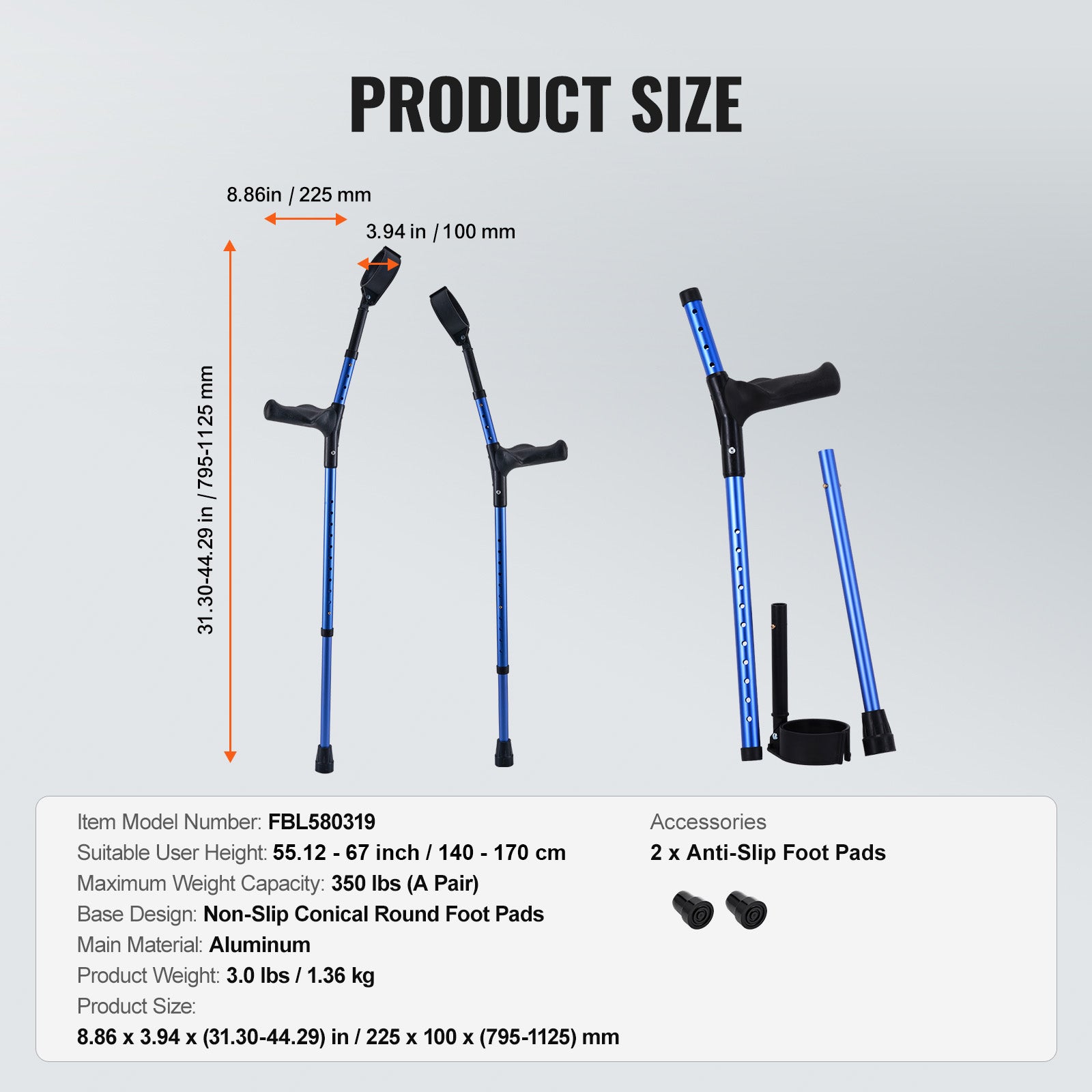 Forearm Crutches Aluminum Walking Crutches with Adjustable Height & Cuffs