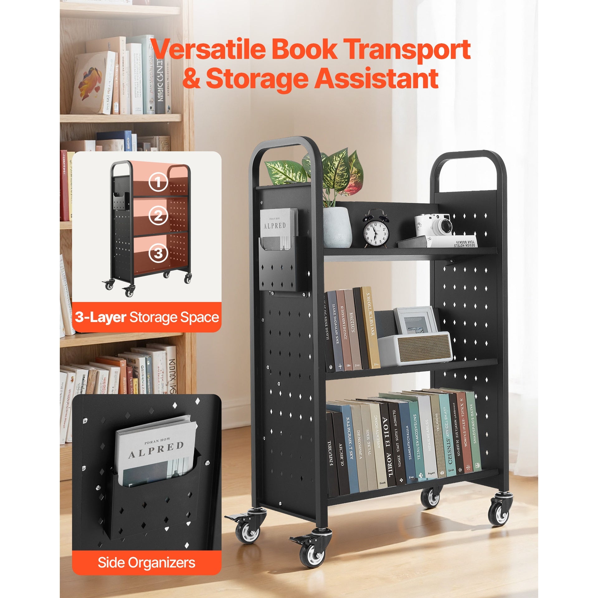 3-Tier Rolling Book Cart Single Sided V-Shaped Shelves Book Truck in Black