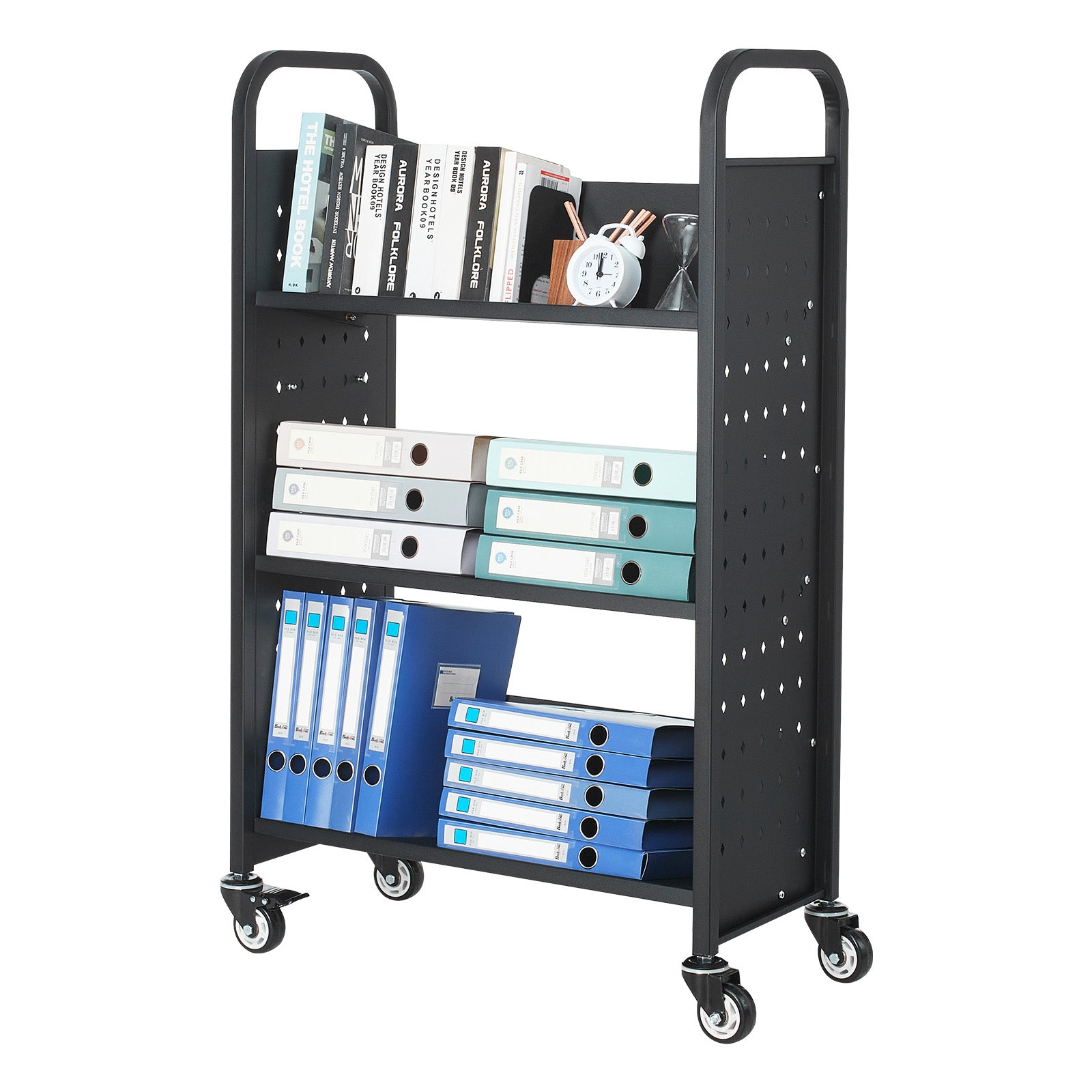 3-Tier Rolling Book Cart Single Sided V-Shaped Shelves Book Truck in Black