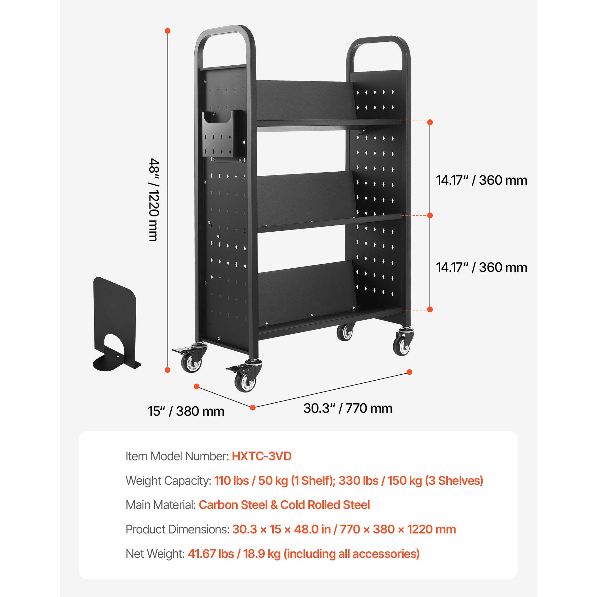 3-Tier Rolling Book Cart Single Sided V-Shaped Shelves Book Truck in Black