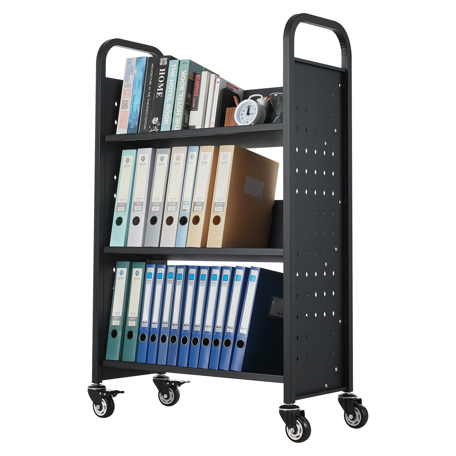 3-Tier Rolling Book Cart Single Sided V-Shaped Shelves Book Truck in Black