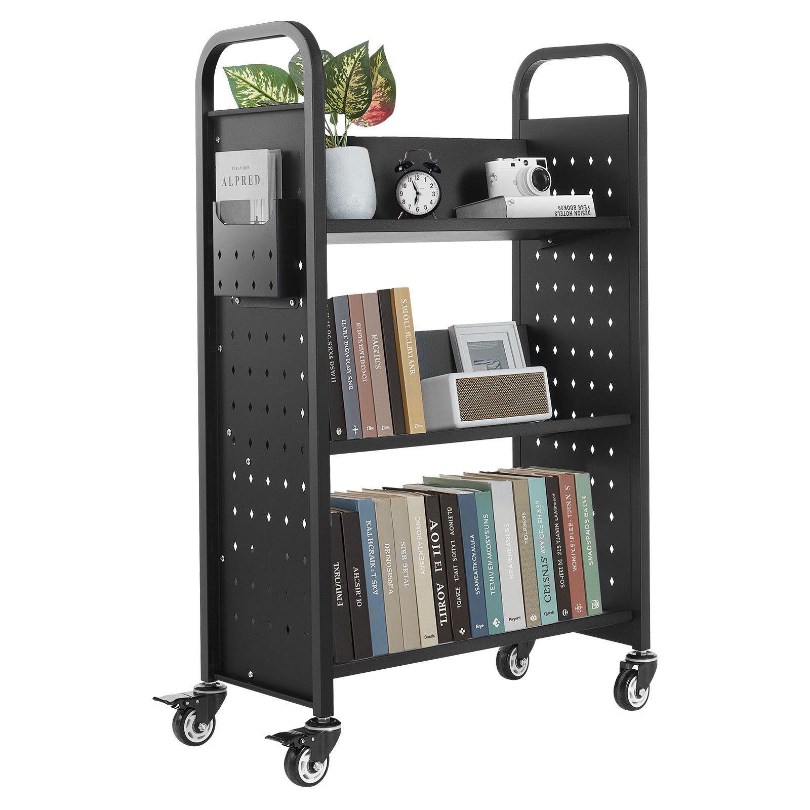 3-Tier Rolling Book Cart Single Sided V-Shaped Shelves Book Truck in Black