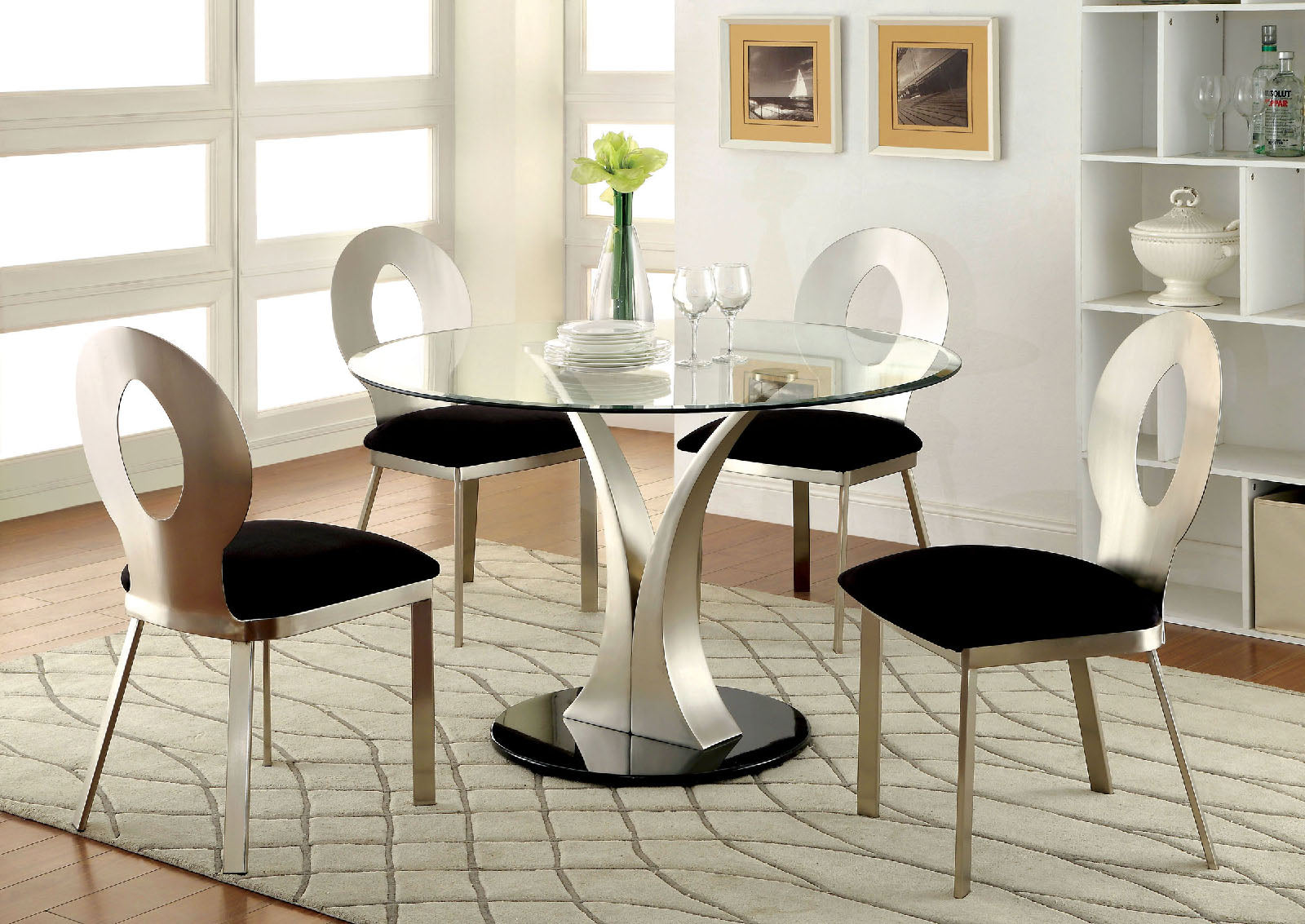 Contemporary Silver Metal Frame 2pc Dining Chairs Black Microfiber Seat Dining Room Oval Back Satin Plated Powder Coating Chair