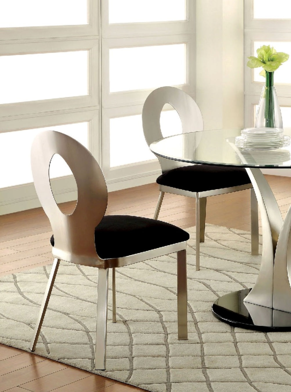 Contemporary Silver Metal Frame 2pc Dining Chairs Black Microfiber Seat Dining Room Oval Back Satin Plated Powder Coating Chair