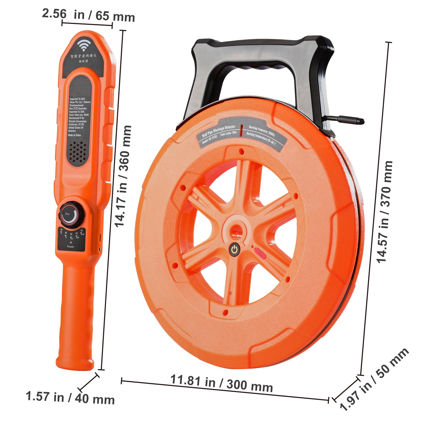 Pipe Blockage Detector Locators 100ft/30m Waterproof for PVC Plastic Metal