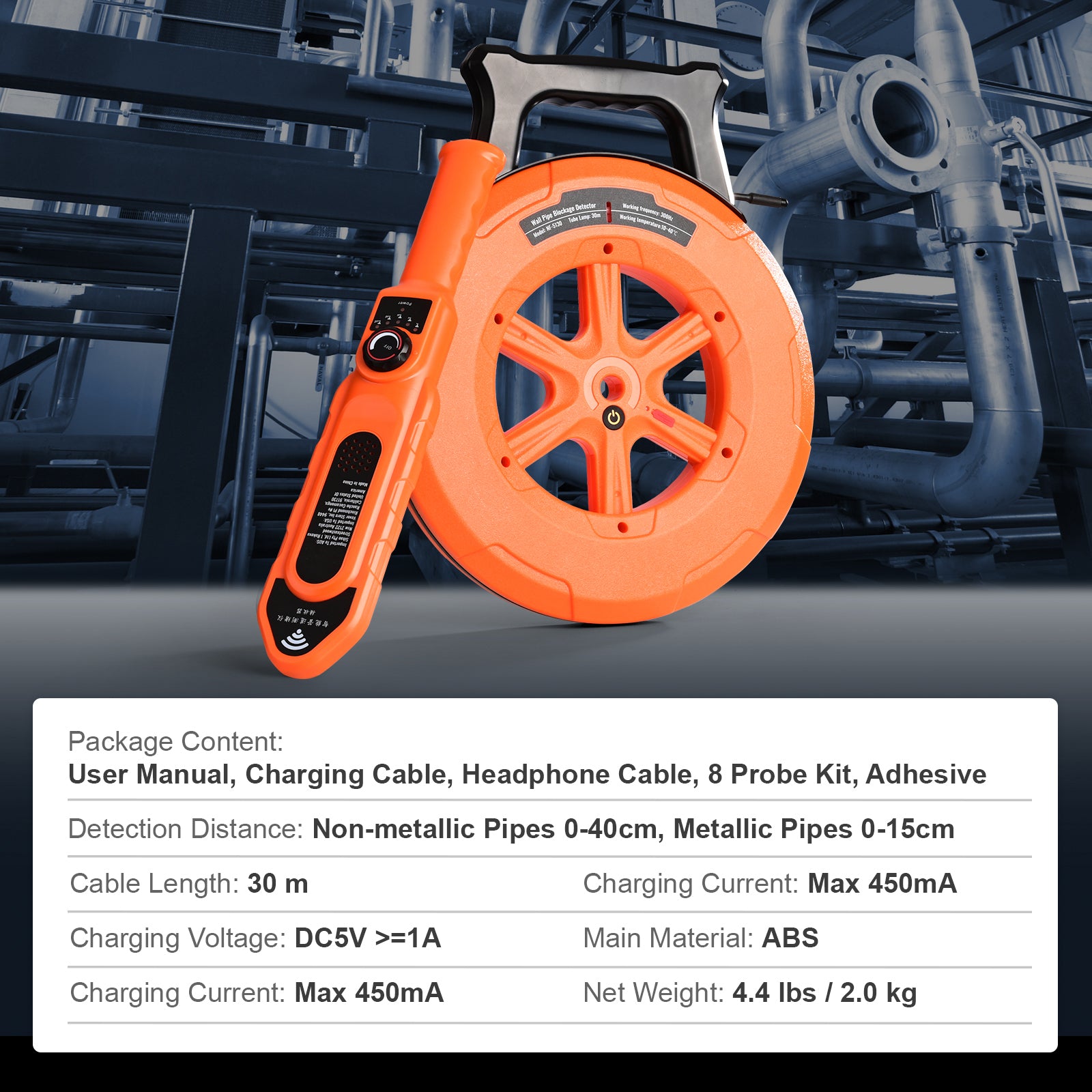Pipe Blockage Detector Locators 100ft/30m Waterproof for PVC Plastic Metal