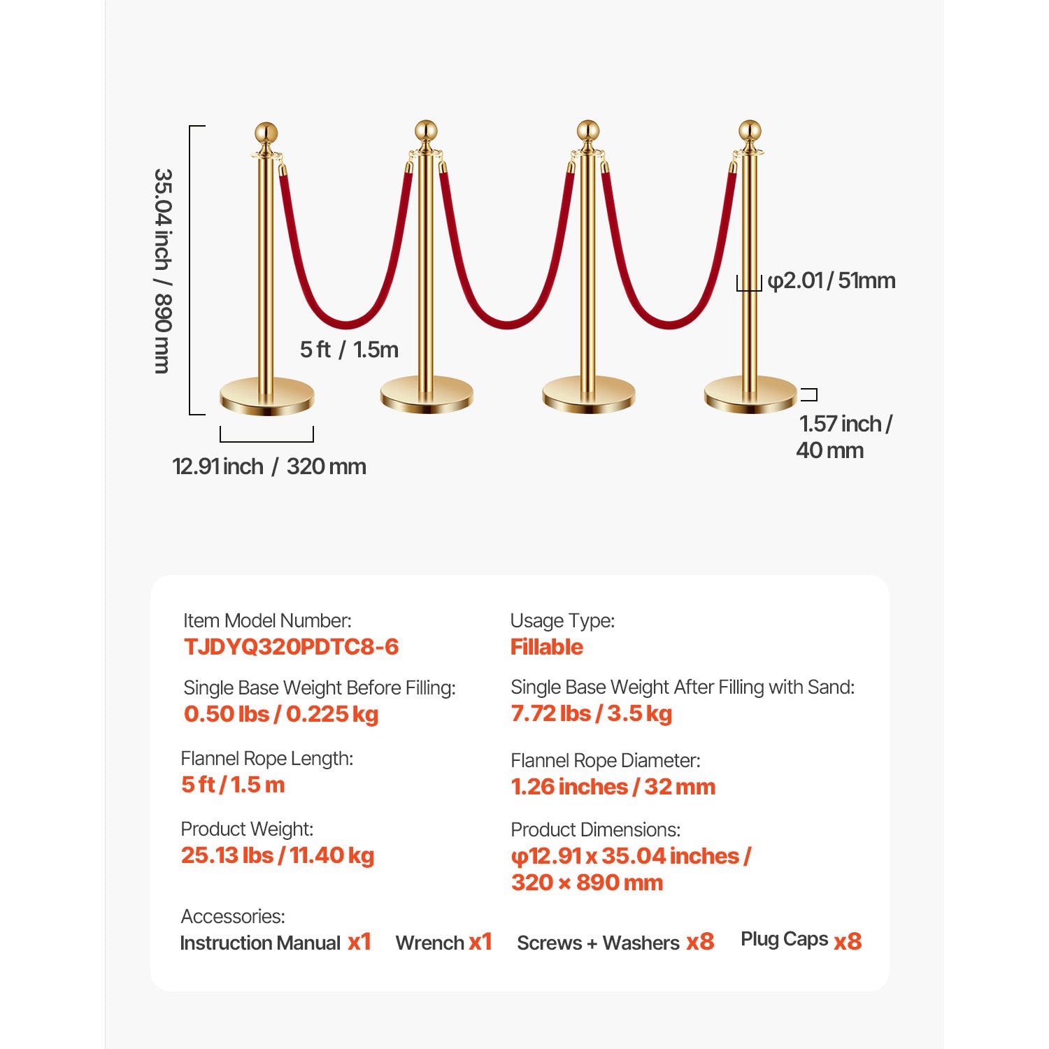 Stanchions and Velvet Ropes 8Pcs, Hollow Base with Stainless Steel Post, 6 Red Velvet Ropes and Posts, Crowd Control Barriers Gold Stanchions, Red Carpet Runner Poles for Party Supplies