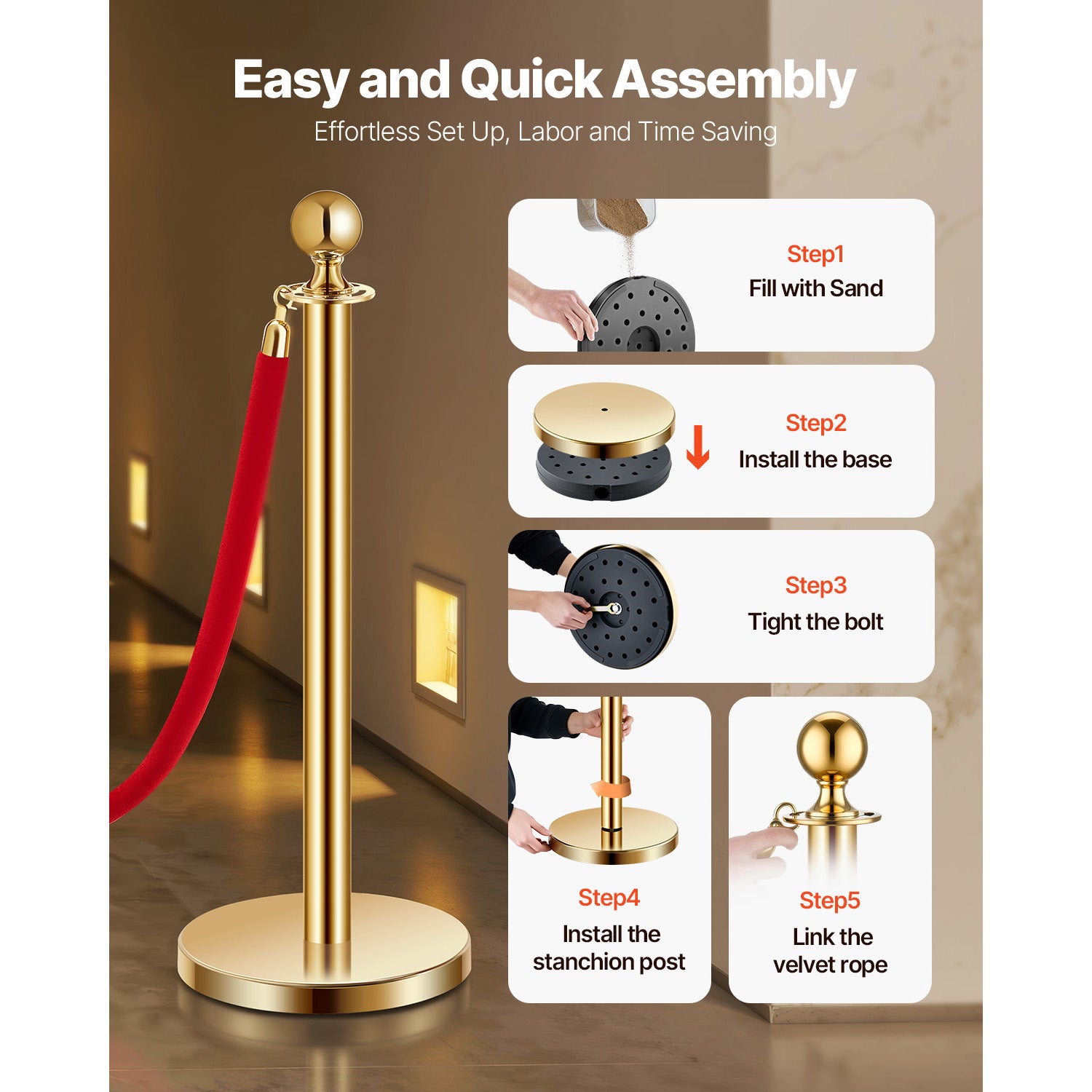 Stanchions and Velvet Ropes 8Pcs, Hollow Base with Stainless Steel Post, 6 Red Velvet Ropes and Posts, Crowd Control Barriers Gold Stanchions, Red Carpet Runner Poles for Party Supplies