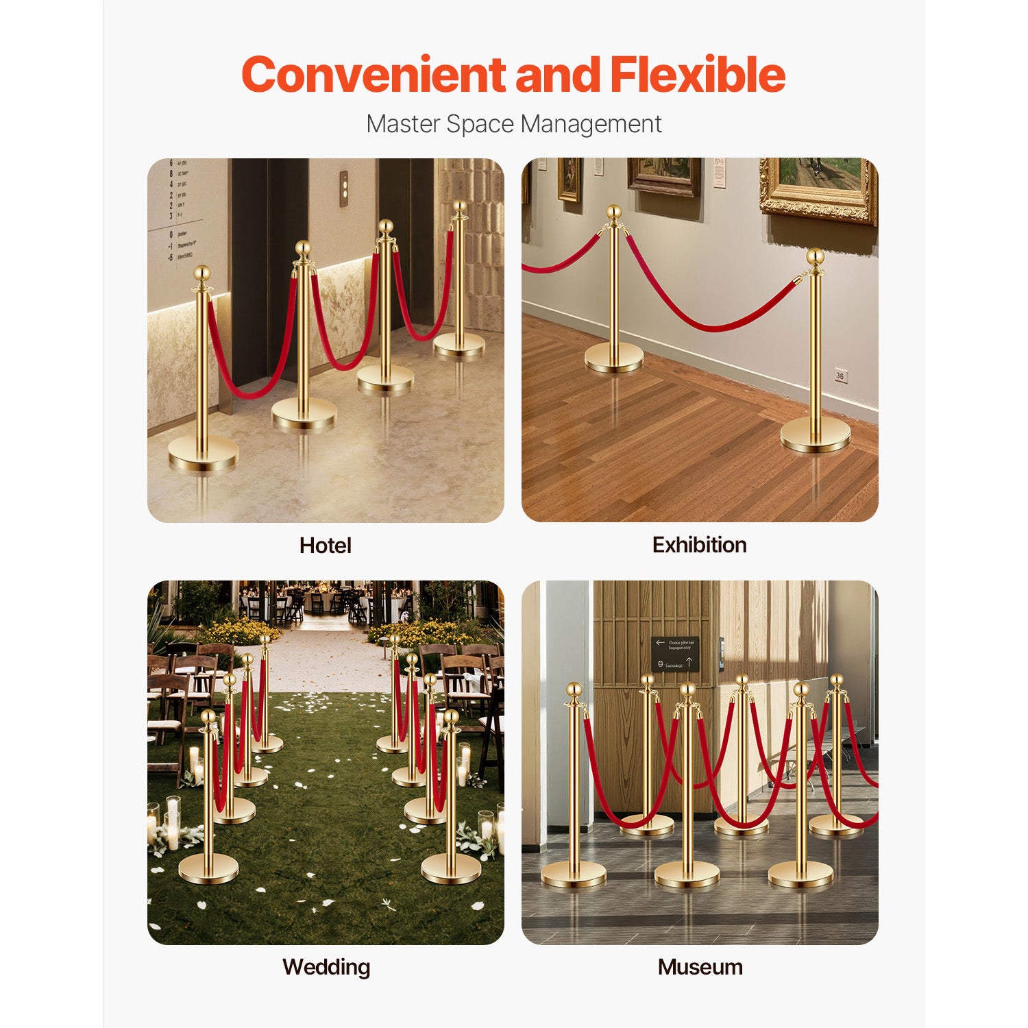Stanchions and Velvet Ropes 8Pcs, Hollow Base with Stainless Steel Post, 6 Red Velvet Ropes and Posts, Crowd Control Barriers Gold Stanchions, Red Carpet Runner Poles for Party Supplies