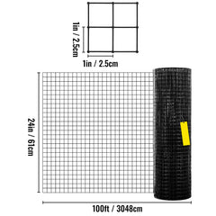 Hardware Cloth, 24" x 100' & 1"x1" Mesh Size, Galvanized Steel Vinyl Coated 16 Gauge Chicken Wire Fencing w/A Cutting Plier & A Pair of Fabric Gloves, for Garden Fencing & Pet Enclosures, Black