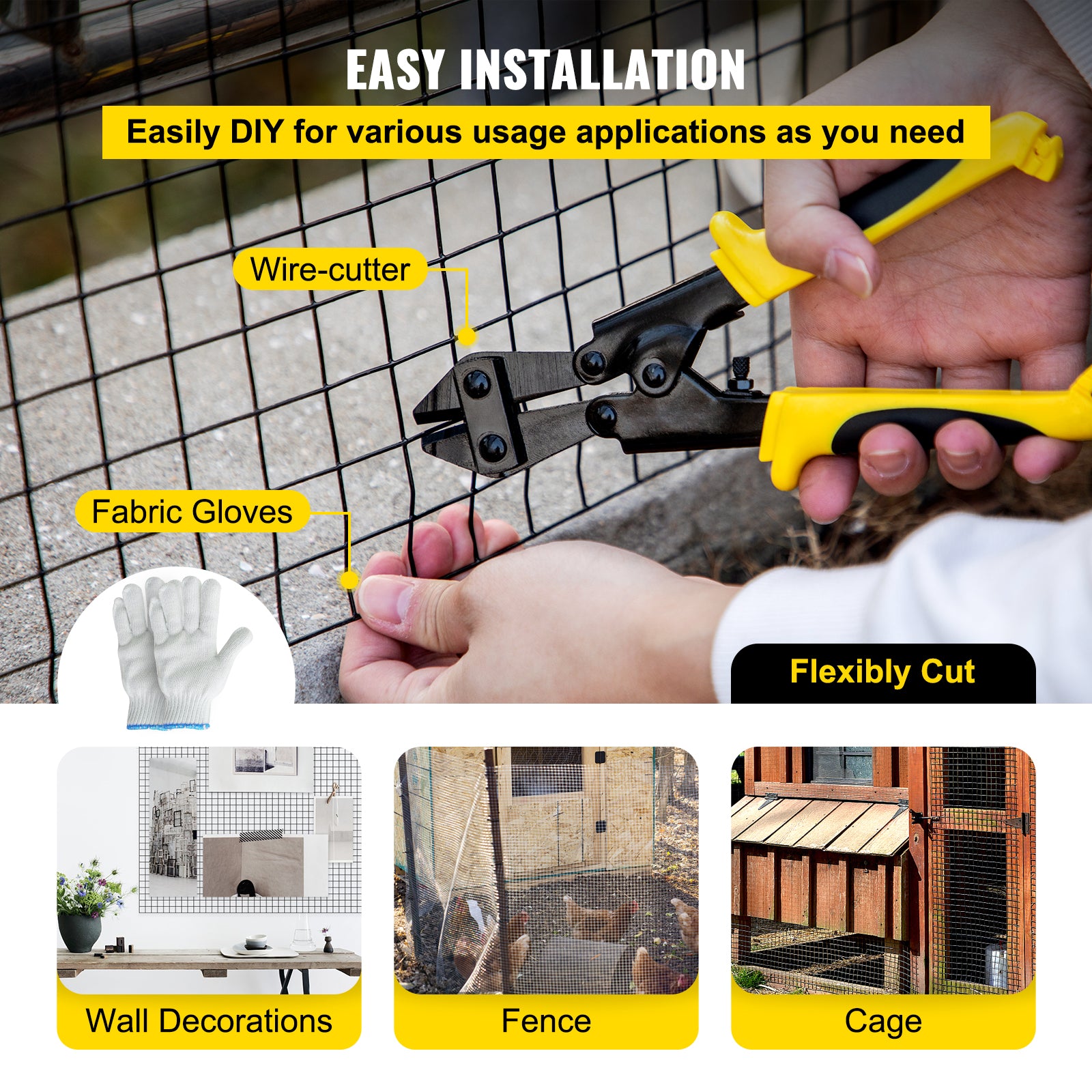 Hardware Cloth, 24" x 100' & 1"x1" Mesh Size, Galvanized Steel Vinyl Coated 16 Gauge Chicken Wire Fencing w/A Cutting Plier & A Pair of Fabric Gloves, for Garden Fencing & Pet Enclosures, Black