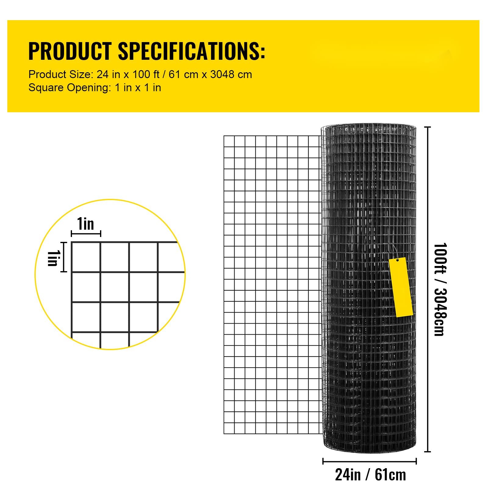 Hardware Cloth, 24" x 100' & 1"x1" Mesh Size, Galvanized Steel Vinyl Coated 16 Gauge Chicken Wire Fencing w/A Cutting Plier & A Pair of Fabric Gloves, for Garden Fencing & Pet Enclosures, Black
