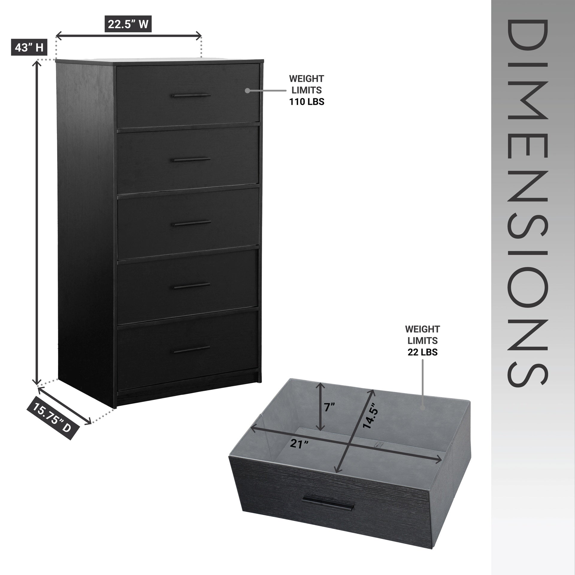 5-Drawer Dresser with Large Fabric Drawers, Black