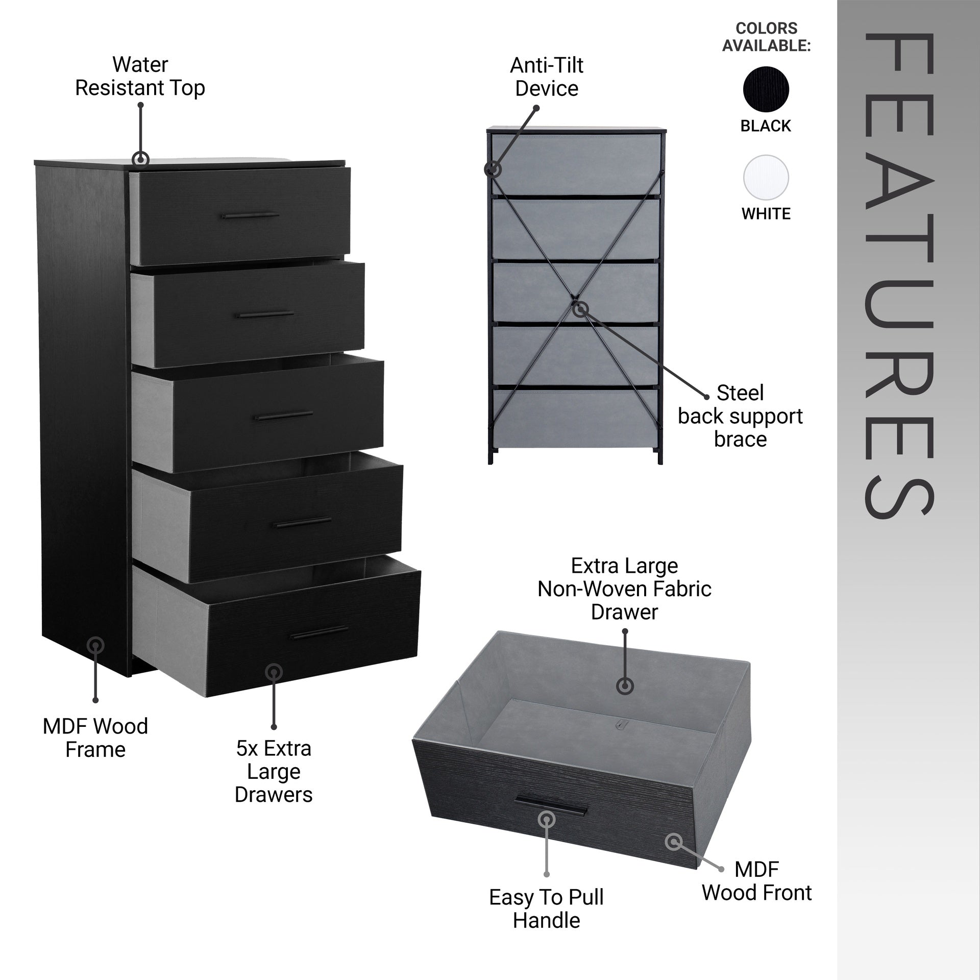 5-Drawer Dresser with Large Fabric Drawers, Black