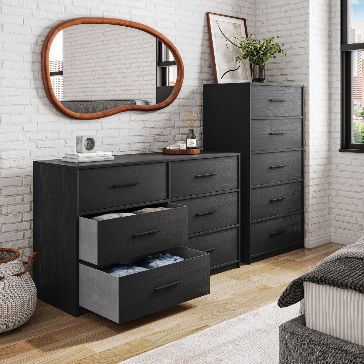 5-Drawer Dresser with Large Fabric Drawers, Black