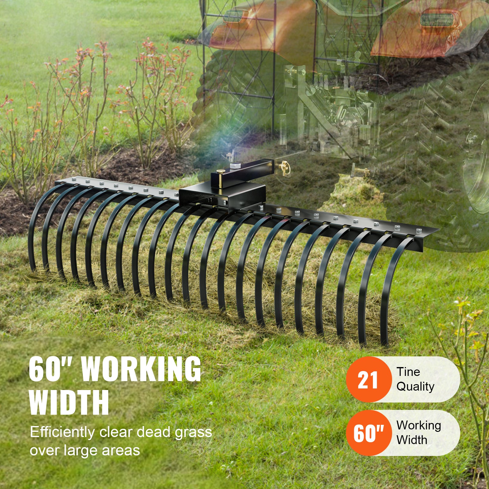 Tow Behind Landscape Rake, 60" Tow Dethatcher with 21 Steel Coil Tines, Lawn Dethatcher Rake Attaches to 48" or 60" Toolbars and 3-point Suspension Systems, for Leaves, Pine Needles, and Grass