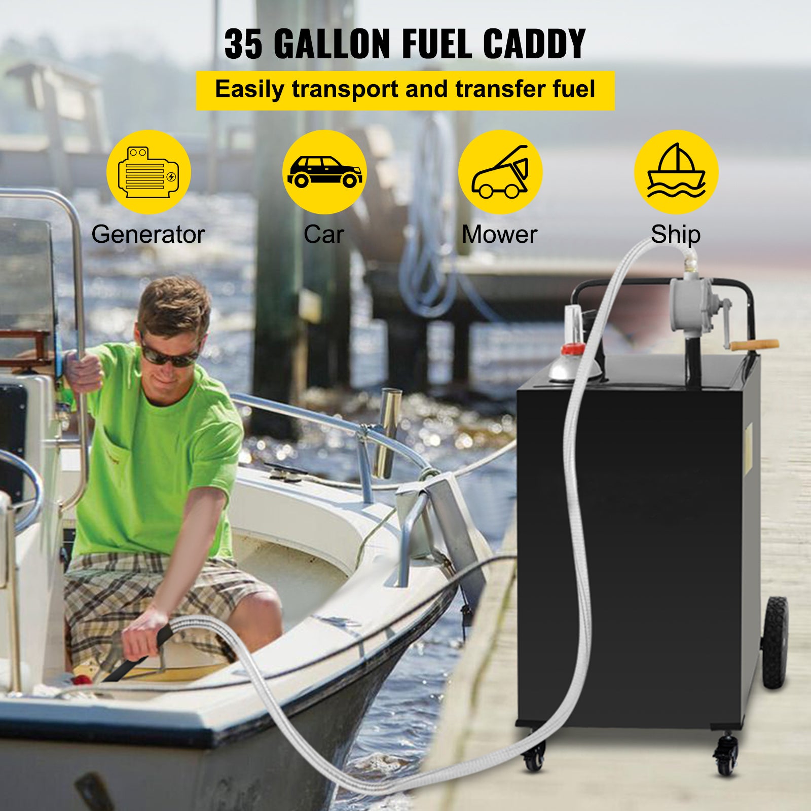 Fuel Caddy, 35 Gallon, Gas Storage Tank on 4 Wheels, with Manuel Transfer Pump, Gasoline Diesel Fuel Container for Cars, Lawn Mowers, ATVs, Boats, More, Black