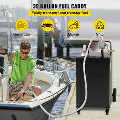 Fuel Caddy, 35 Gallon, Gas Storage Tank on 4 Wheels, with Manuel Transfer Pump, Gasoline Diesel Fuel Container for Cars, Lawn Mowers, ATVs, Boats, More, Black
