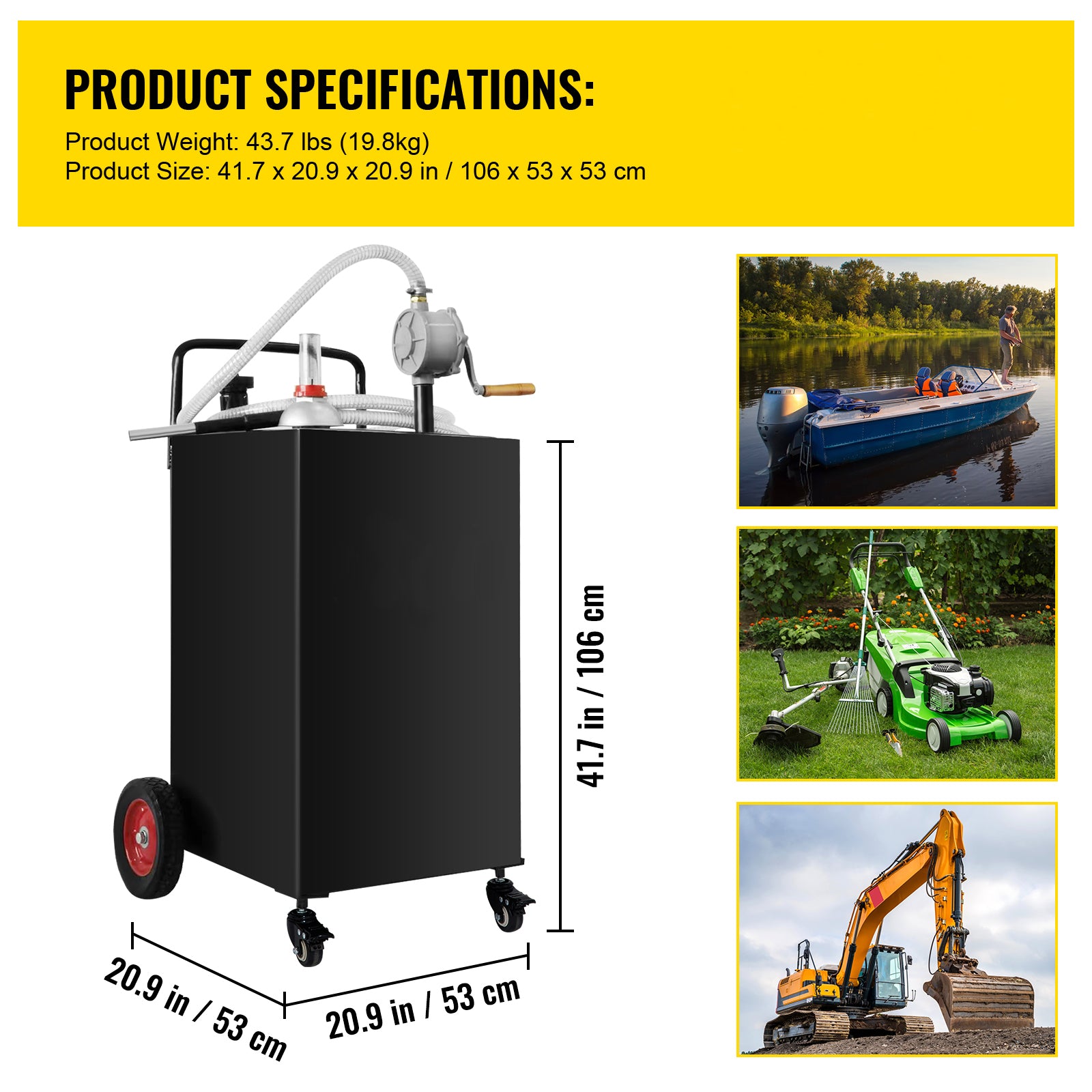 Fuel Caddy, 35 Gallon, Gas Storage Tank on 4 Wheels, with Manuel Transfer Pump, Gasoline Diesel Fuel Container for Cars, Lawn Mowers, ATVs, Boats, More, Black