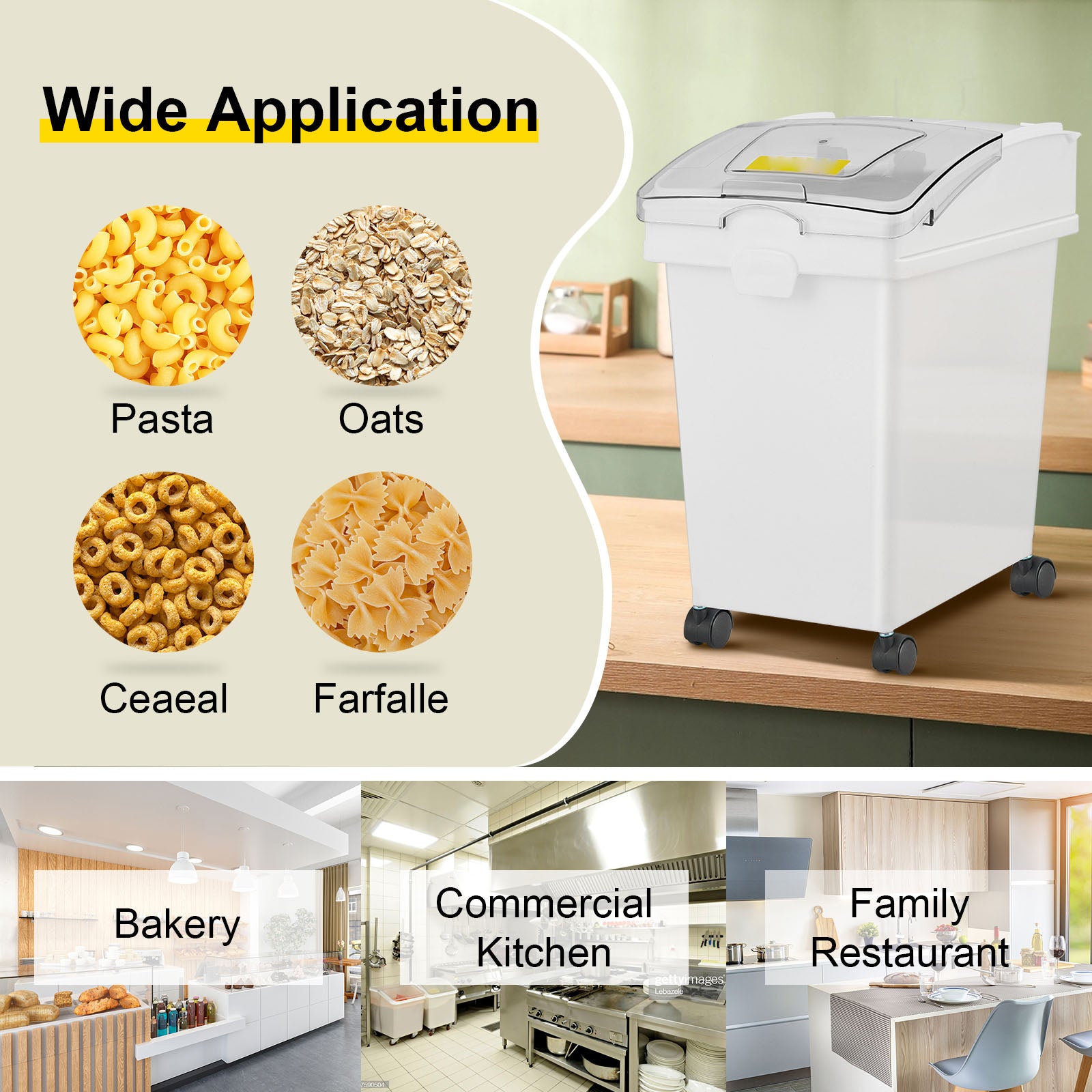 Ingredient Bin, 5.2 Gallons Capacity Ingredient Storage Bin, 3 Pcs/Set, PP Material Flour Bins On Wheels, White Shelf Ingredient Bin with Scoop and Sliding Lid, Commercial Storage Bins