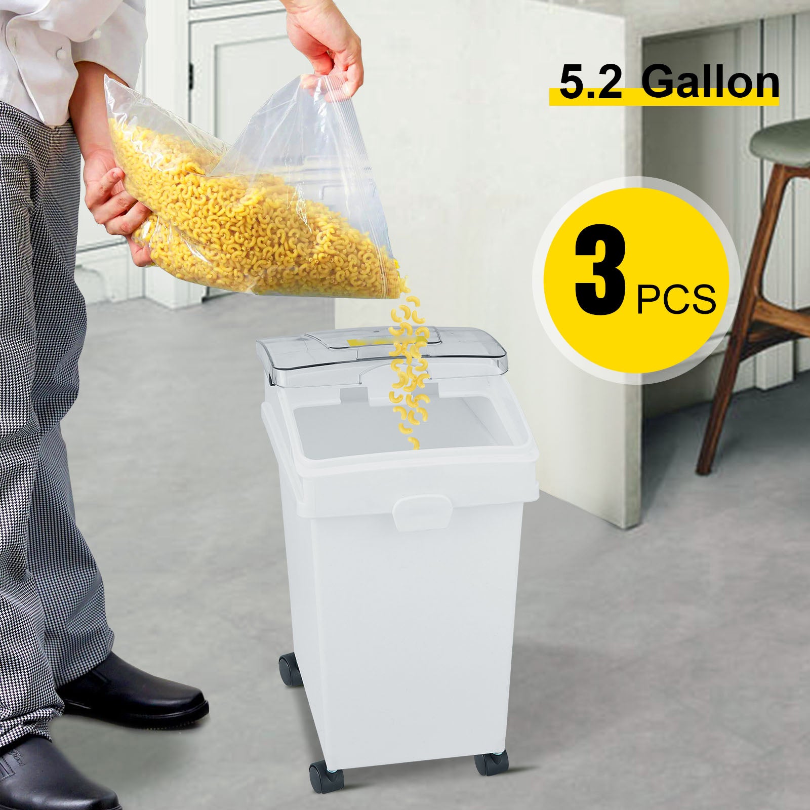 Ingredient Bin, 5.2 Gallons Capacity Ingredient Storage Bin, 3 Pcs/Set, PP Material Flour Bins On Wheels, White Shelf Ingredient Bin with Scoop and Sliding Lid, Commercial Storage Bins