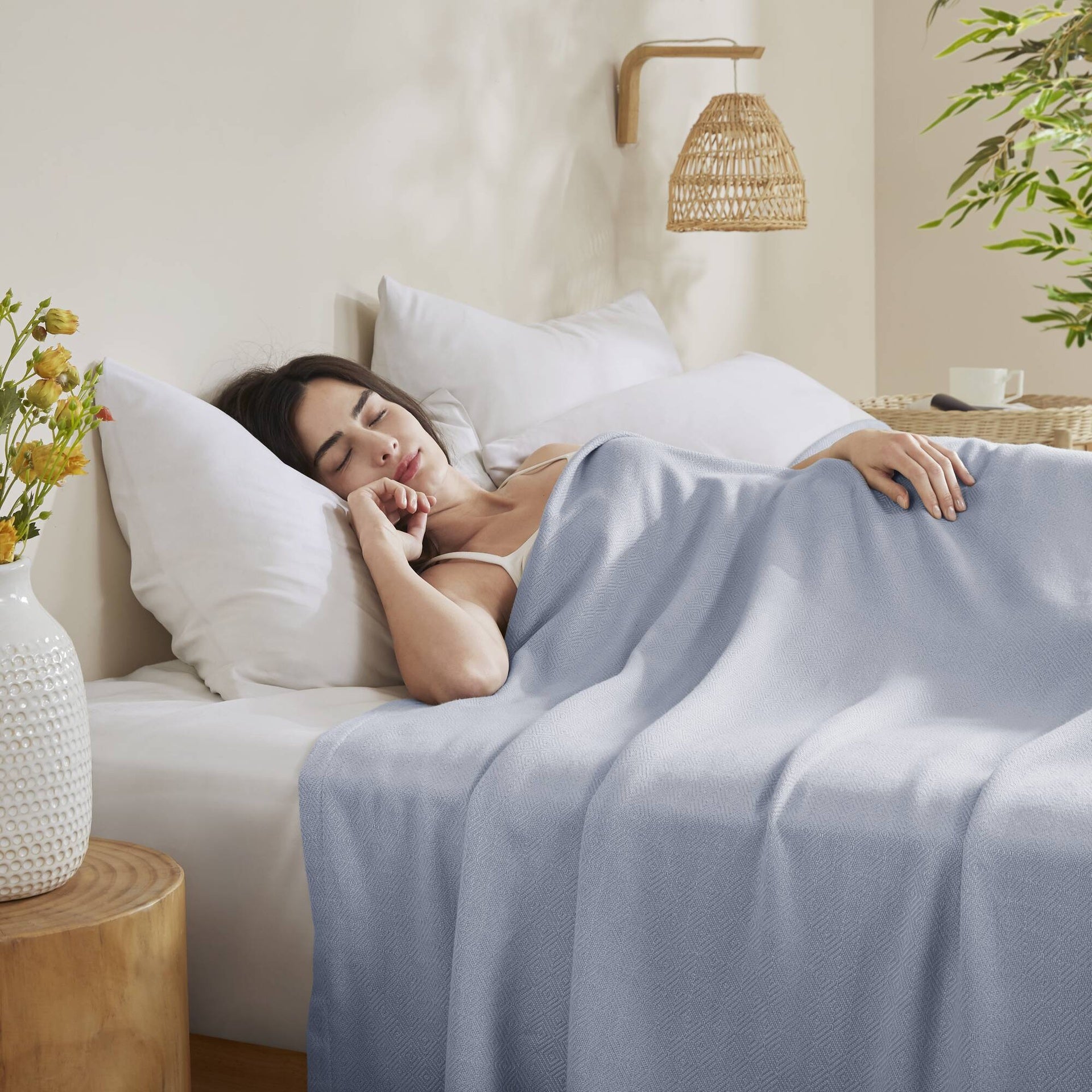 1-Piece Full/Queen Rayon from Bamboo Cotton Blanket, Light Blue