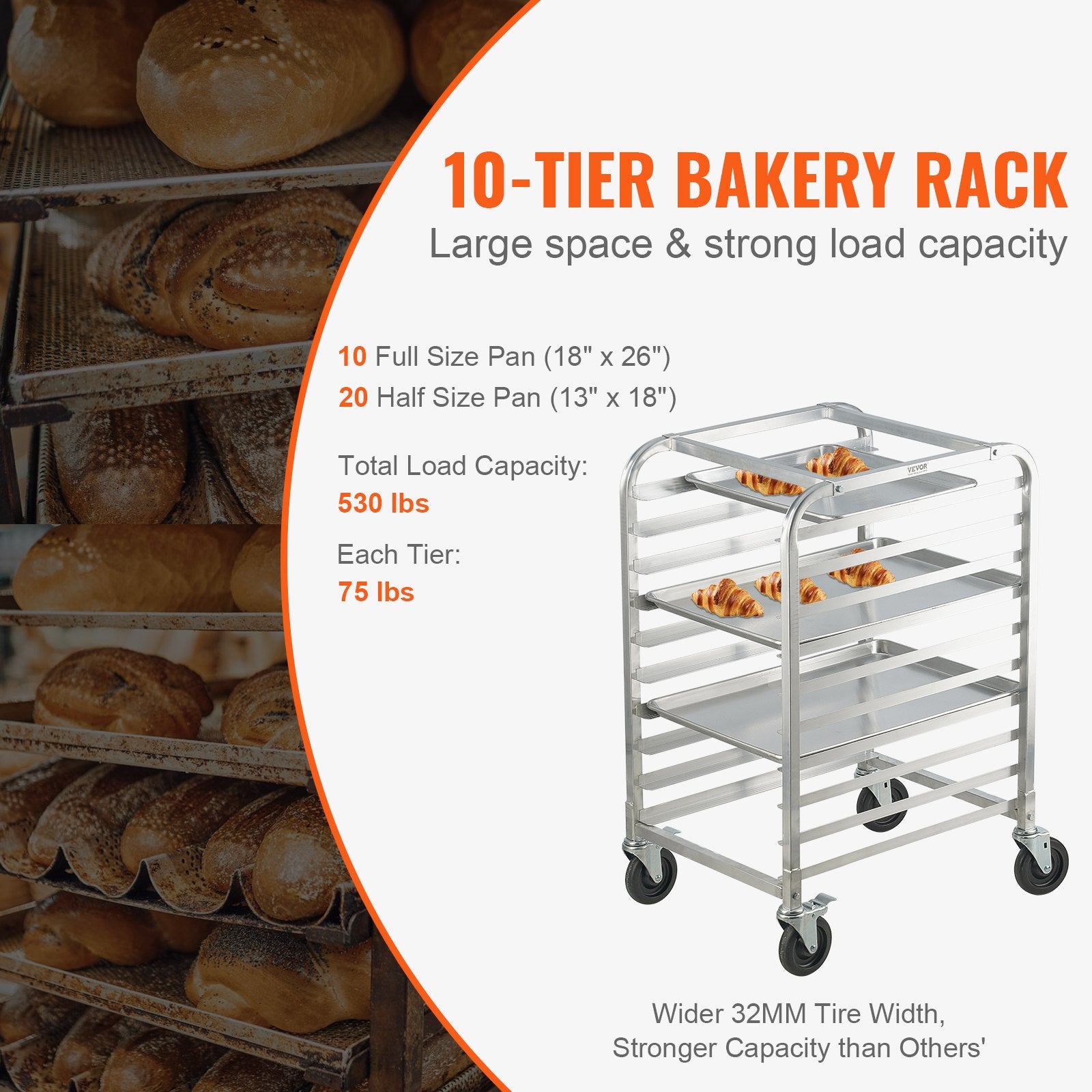 Bun Pan Rack, 10-Tier Commercial Bakery Racks with Brake Wheels, Aluminum Racking Trolley Storage for Half & Full Sheet, Speed Rack For Kitchen Home, Bread Baking Equipment, 26"L x 20.3"W x 39"H