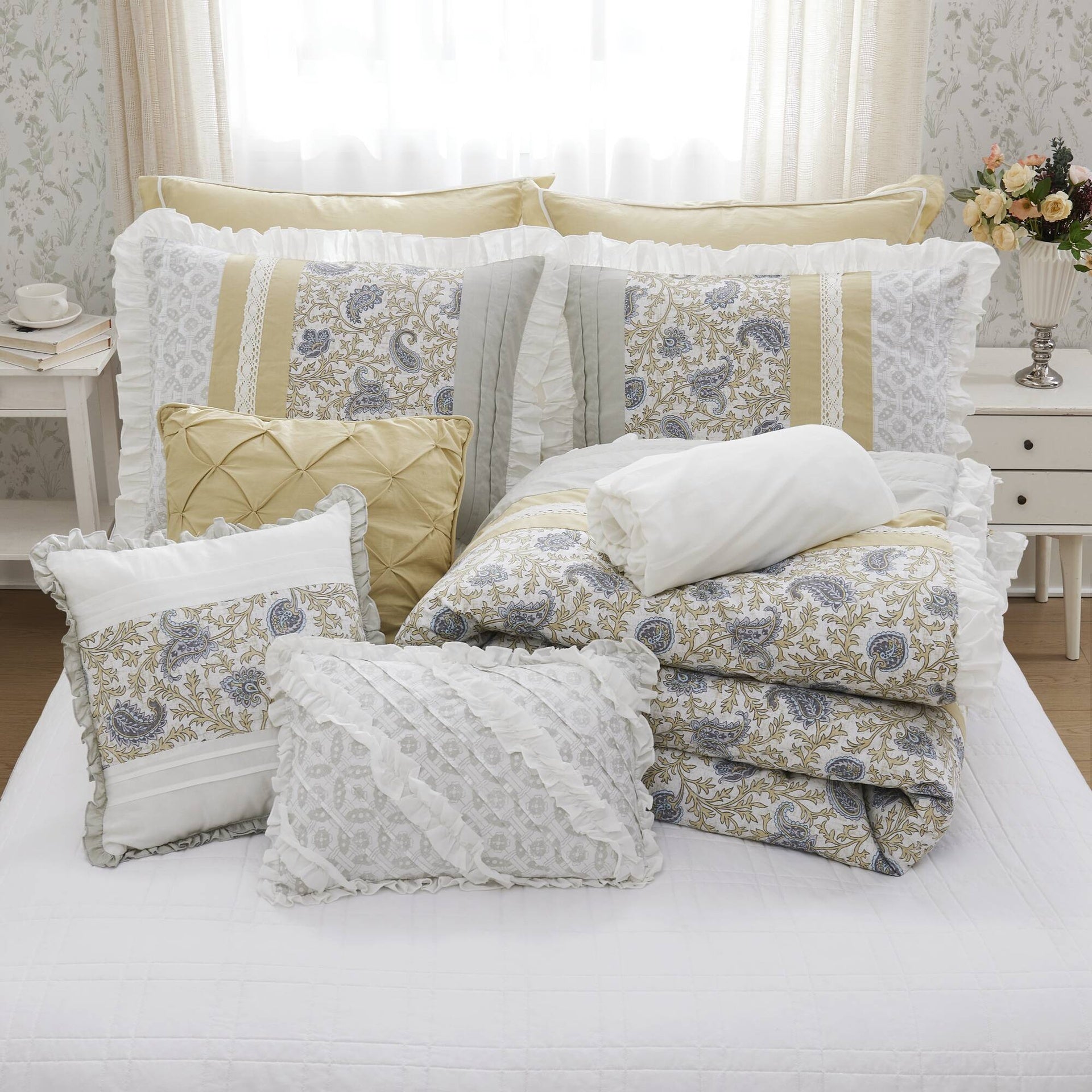 9 Piece Cotton Percale Comforter Set Yellow Queen
